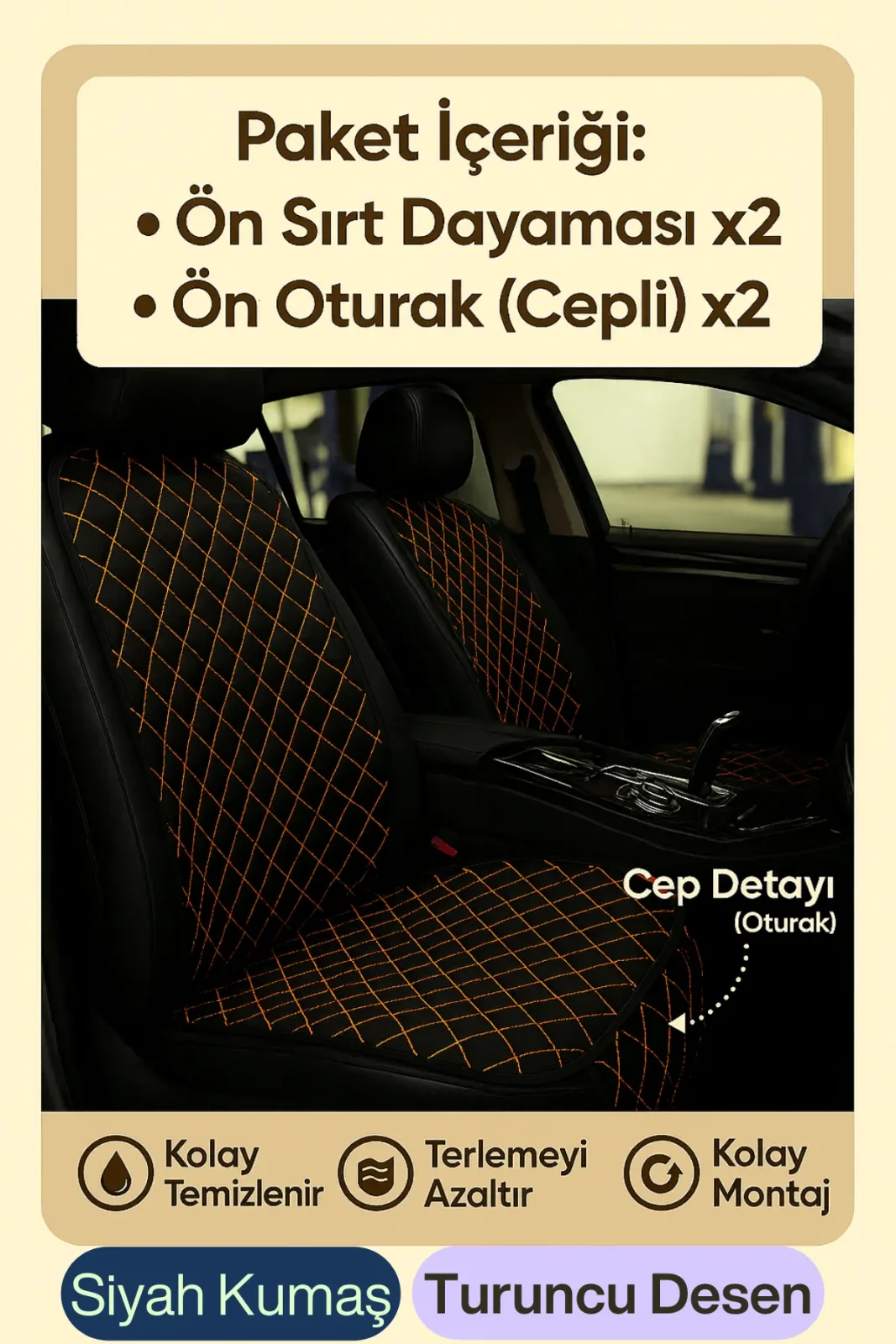 Audi A8 D3 2003-2010 - Uzun Uyumlu Kumaş Oto Koltuk Minderi Ergonomik Kapitone 2'li Siyah Turuncu