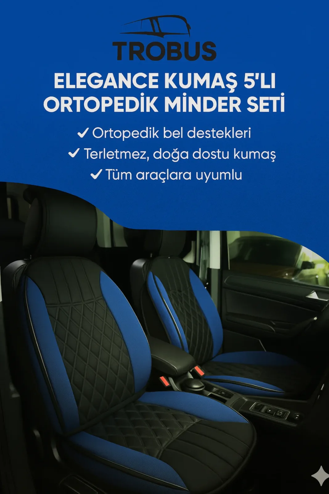 Audi Q8 2018 ve Sonrası Trobus Elegance Ortopedik Araç Koltuk Minderi 5'li Set, Hava Yastığı Uyumlu Siyah Mavi