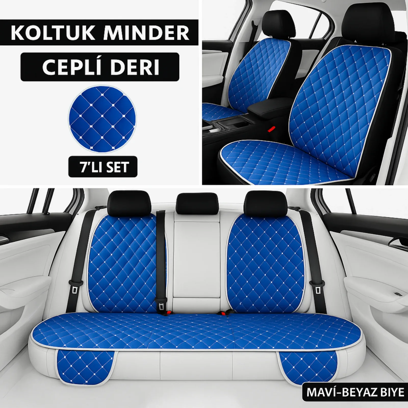 Bmw 5.30 1981–1988 Uyumlu 7 Parça Kapitone Araba Koltuk Minderi Deri Mavi - Kaymaz | Trobus