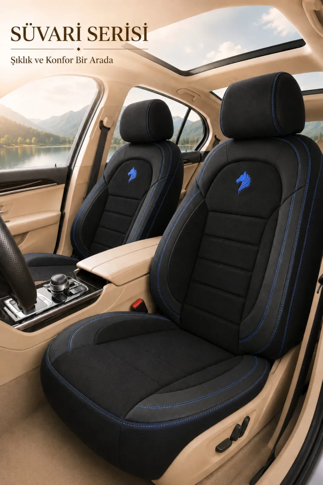 BMW X3 2010 Sonrası Uyumlu Süvari Serisi Tay Tüyü Siyah Mavi Premium Koltuk Kılıfı