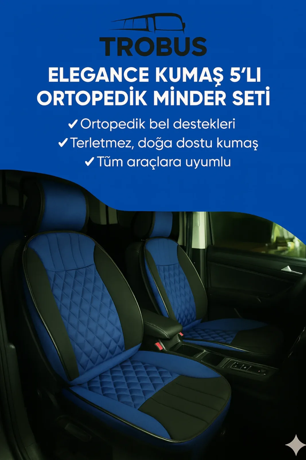 Bmw Z4 E85 2002-2008 Trobus Elegance Ortopedik Araç Koltuk Minderi 5'li Set, Hava Yastığı Uyumlu Mavi Siyah