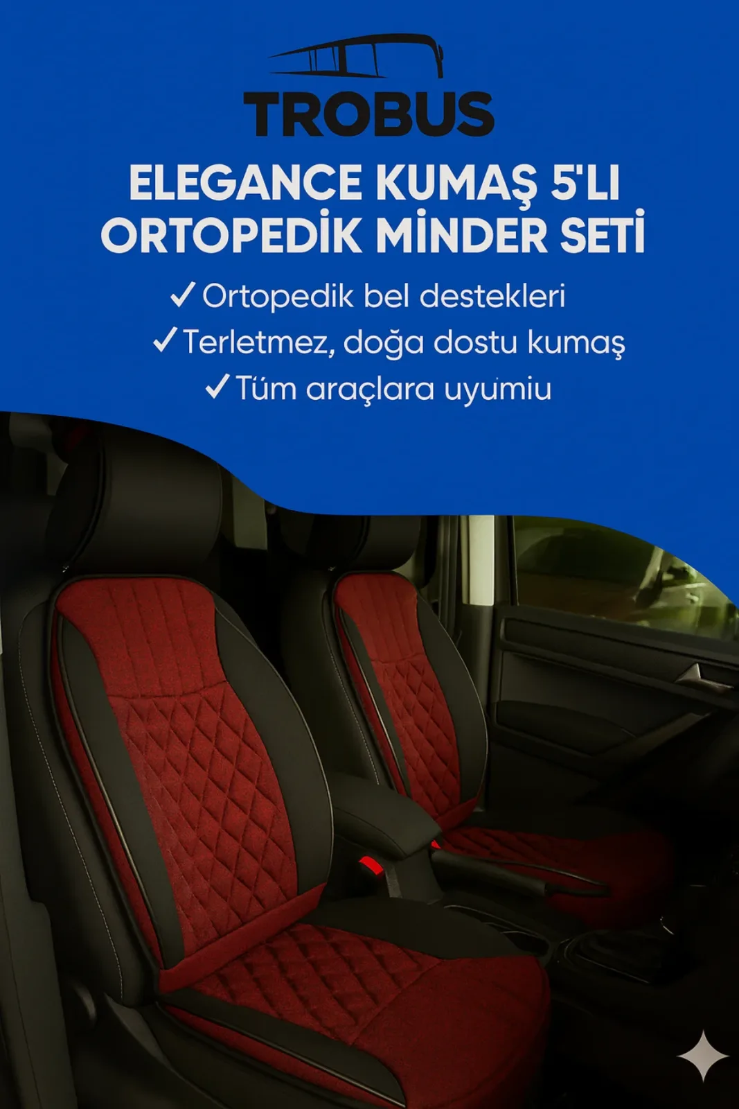 Citroen C-Elysee 2012 ve Sonrası Trobus Elegance Ortopedik Araç Koltuk Minderi 5'li Set, Hava Yastığı Uyumlu Kırmızı Siyah