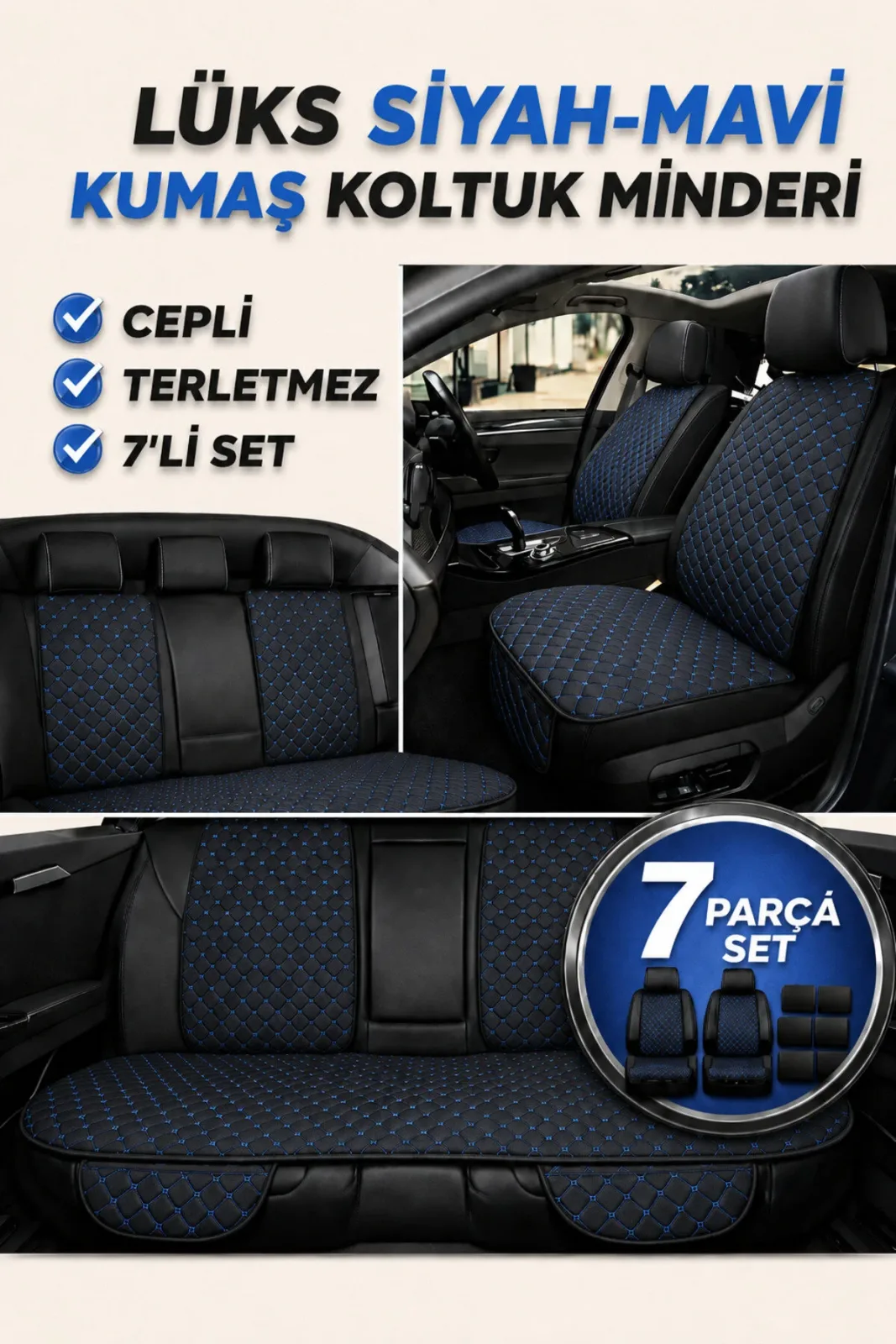Dacia Duster 2013-2017 Uyumlu Kumaş Koltuk Minderi Kapitone Desen Terletmez Yedili Siyah Mavi