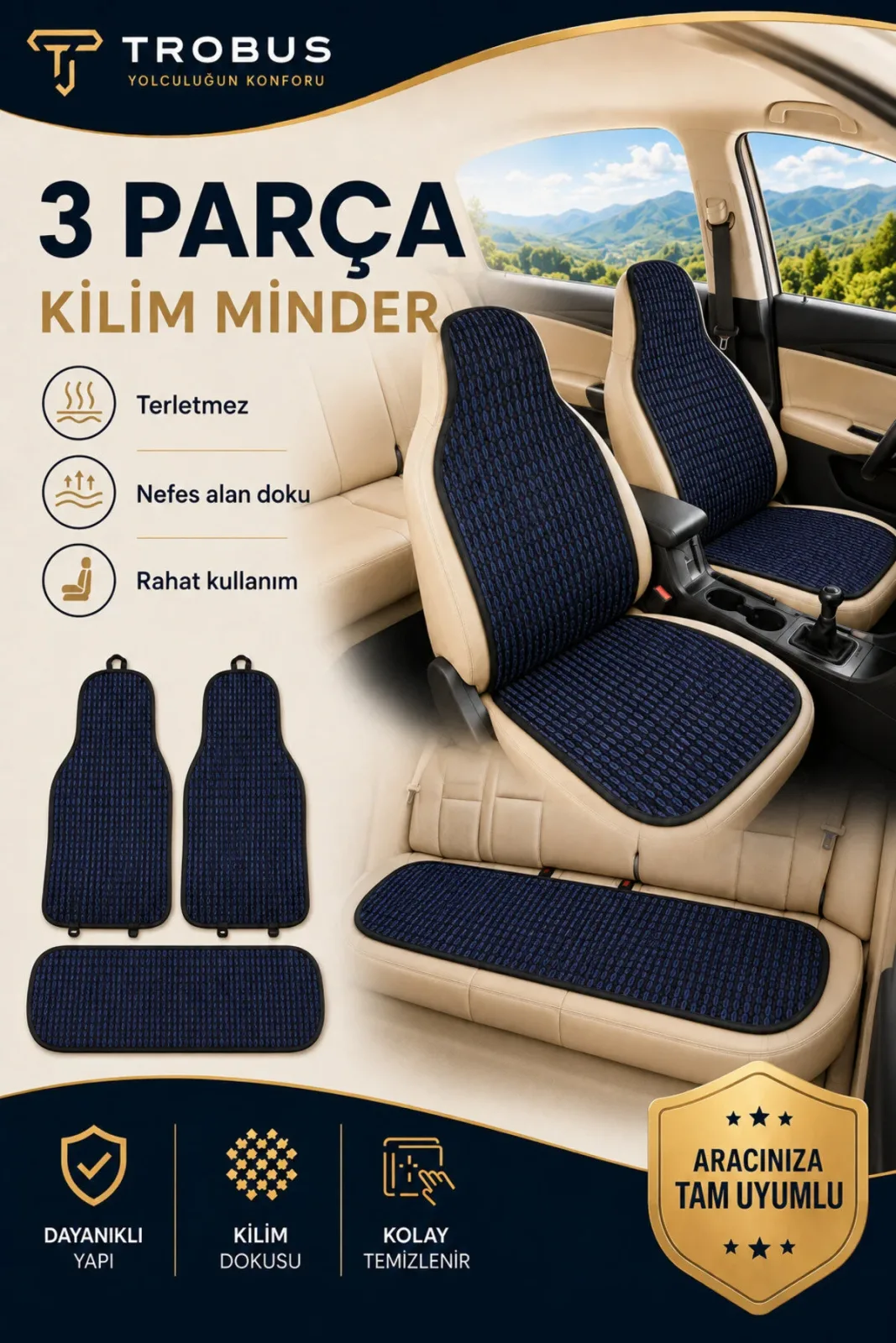 Fiat Egea Cross 2020 ve Sonrası Uyumlu Örme 3 Parça Oto Koltuk Minderi Terletmez Lacivert - Siyah