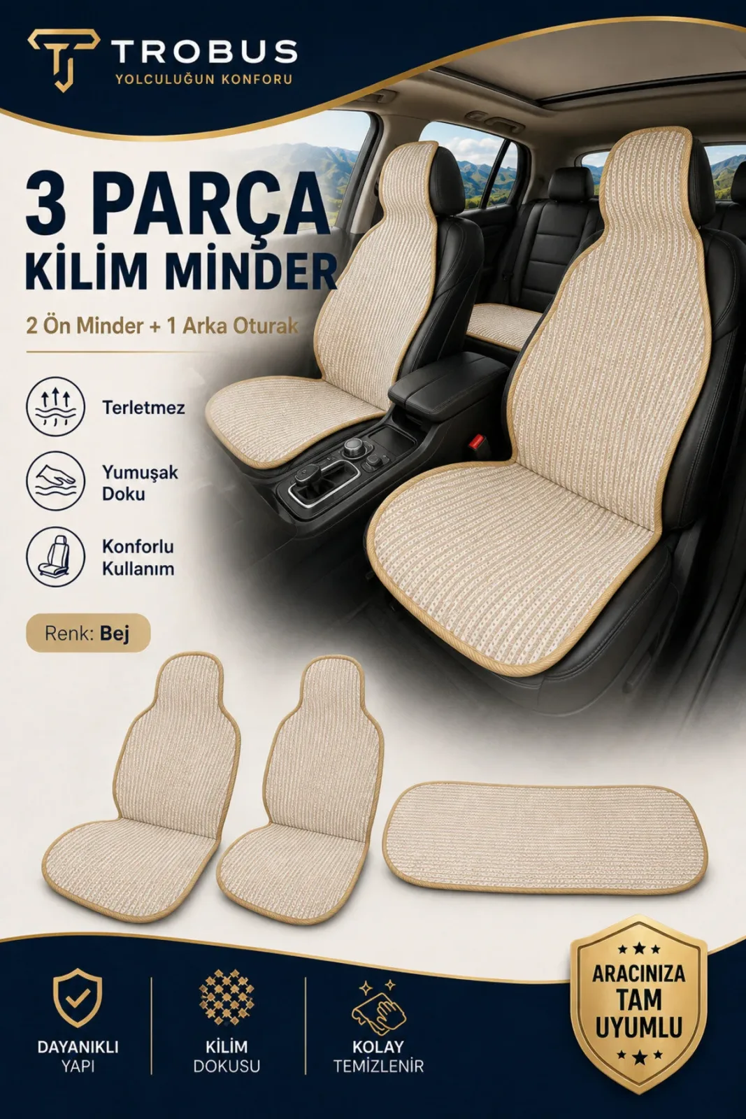 Fiat Egea Cross 2020 ve Sonrası Uyumlu Örme 3 Parça Oto Koltuk Minderi Terletmez Kaymaz Taban Bej