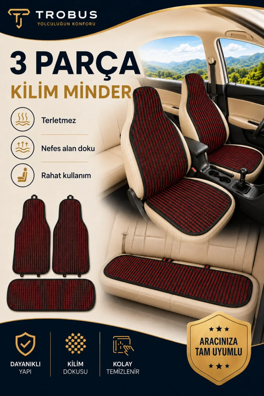 Fiat Egea Cross 2020 ve Sonrası Uyumlu Örme 3 Parça Oto Koltuk Minderi Terletmez Siyah - Kırmızı