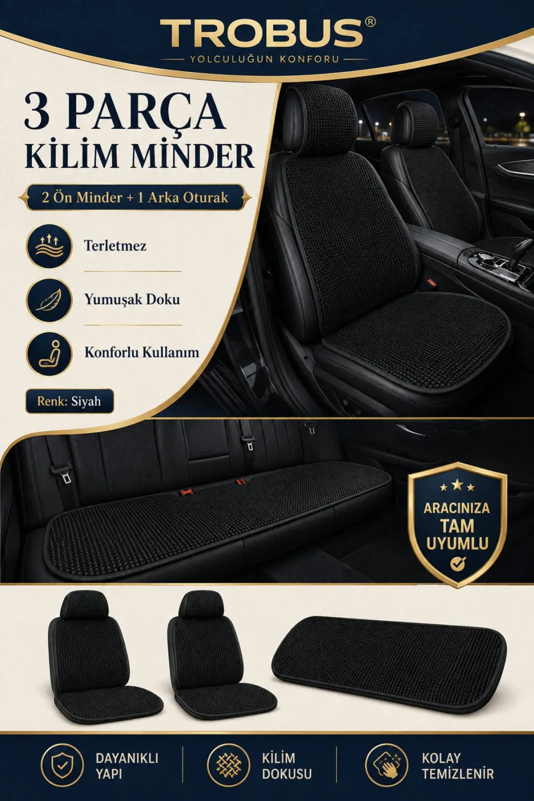 Fiat Egea Cross 2020 ve Sonrası Uyumlu Örme 3 Parça Oto Koltuk Minderi Terletmez Kaymaz Taban Siyah