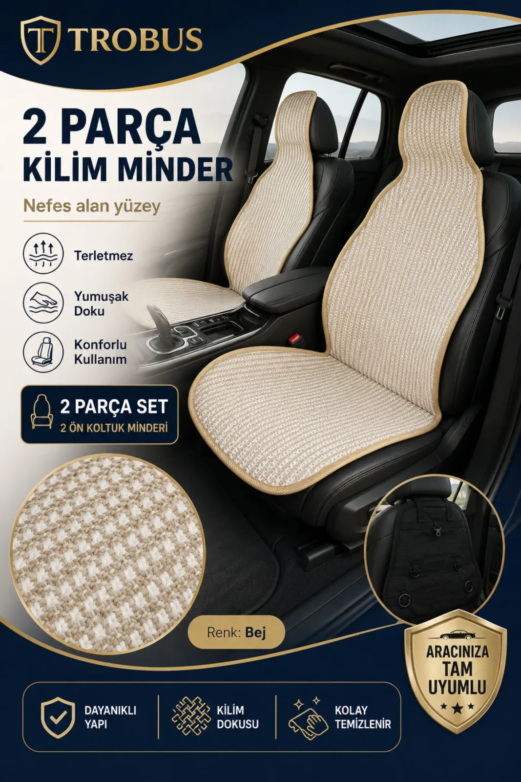 Fiat Egea Cross 2020 ve Sonrası Uyumlu Örme Ön 2 Parça Oto Koltuk Minderi Terletmez Kaymaz Taban Bej
