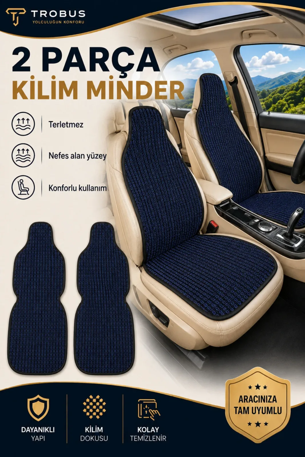 Fiat Egea Cross 2020 ve Sonrası Uyumlu Örme Ön 2 Parça Oto Koltuk Minderi Terletmez Lacivert - Siyah