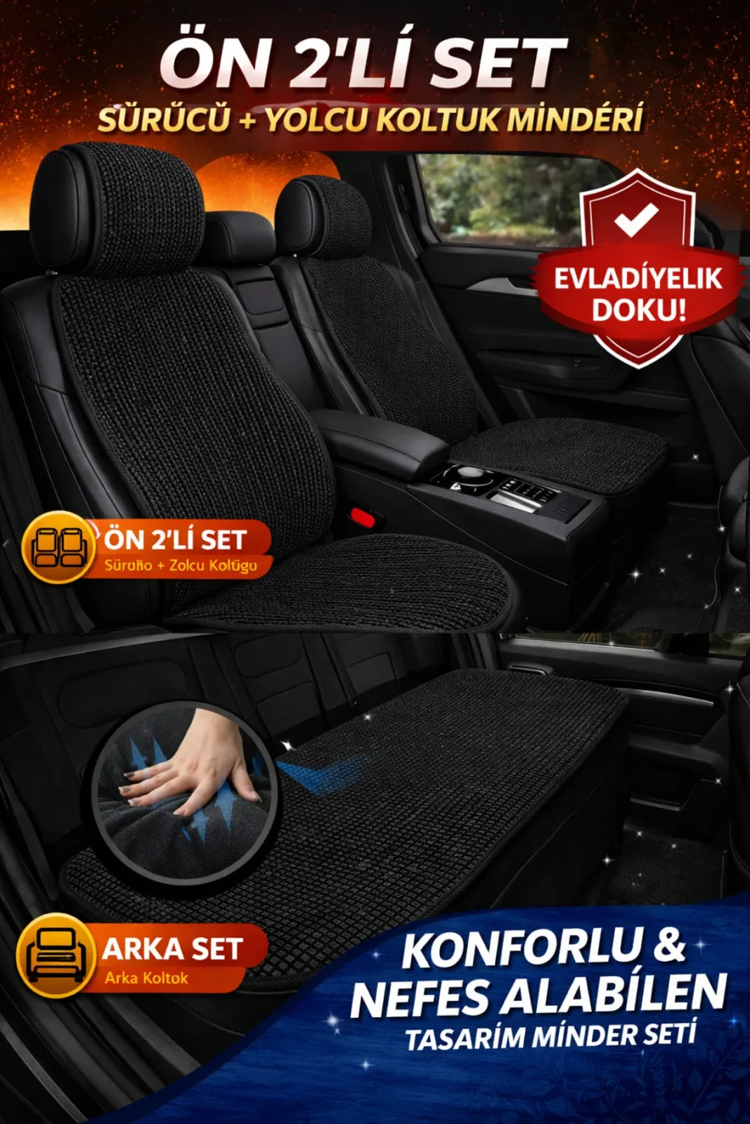 Fiat Egea Cross 2020 ve Sonrası Uyumlu Örme Ön 2 Parça Oto Koltuk Minderi Terletmez Siyah