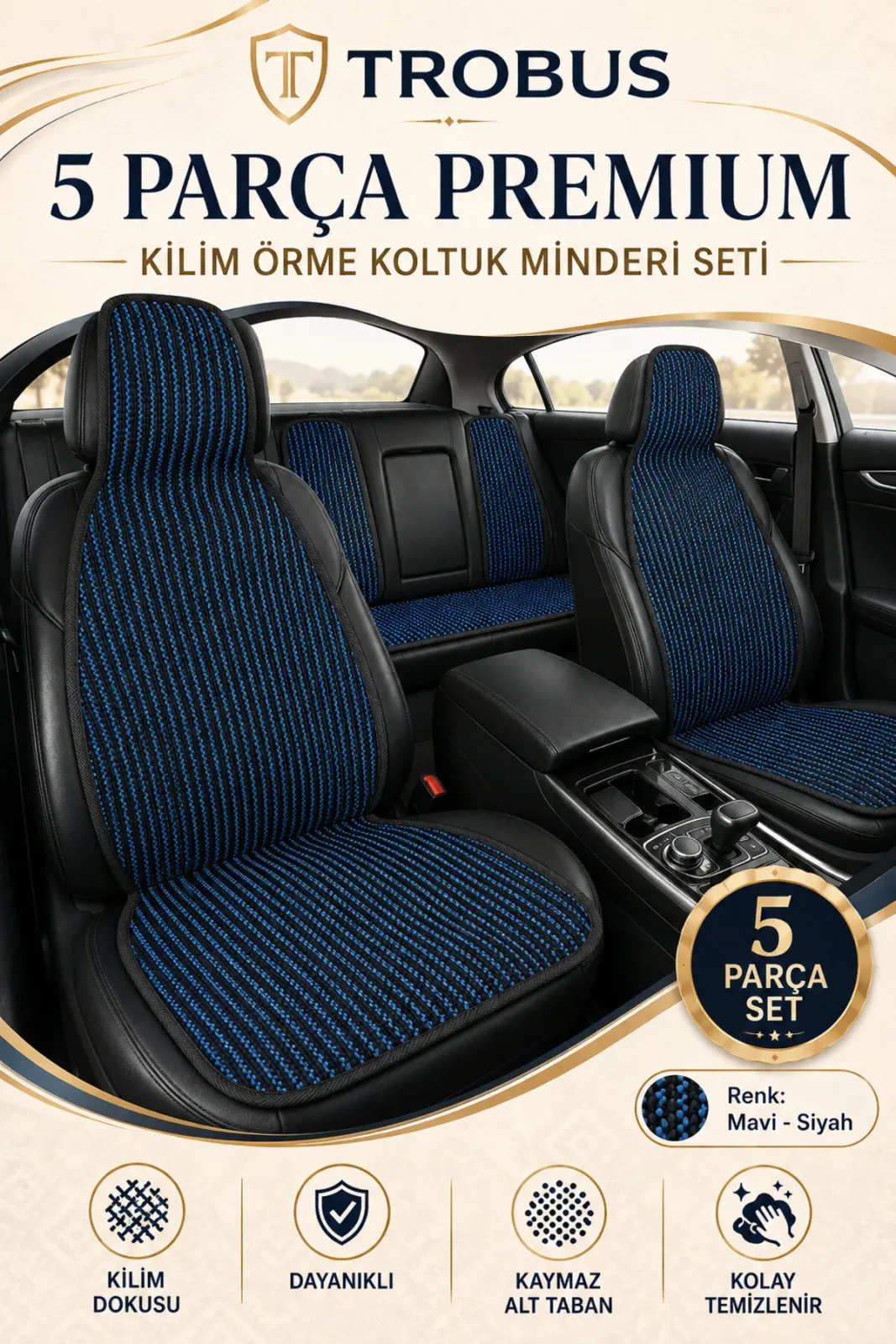 Fiat Egea Cross 2020 ve Sonrası Uyumlu Premium Örme 5 Parça Oto Koltuk Minderi Kaymaz Siyah - Mavi