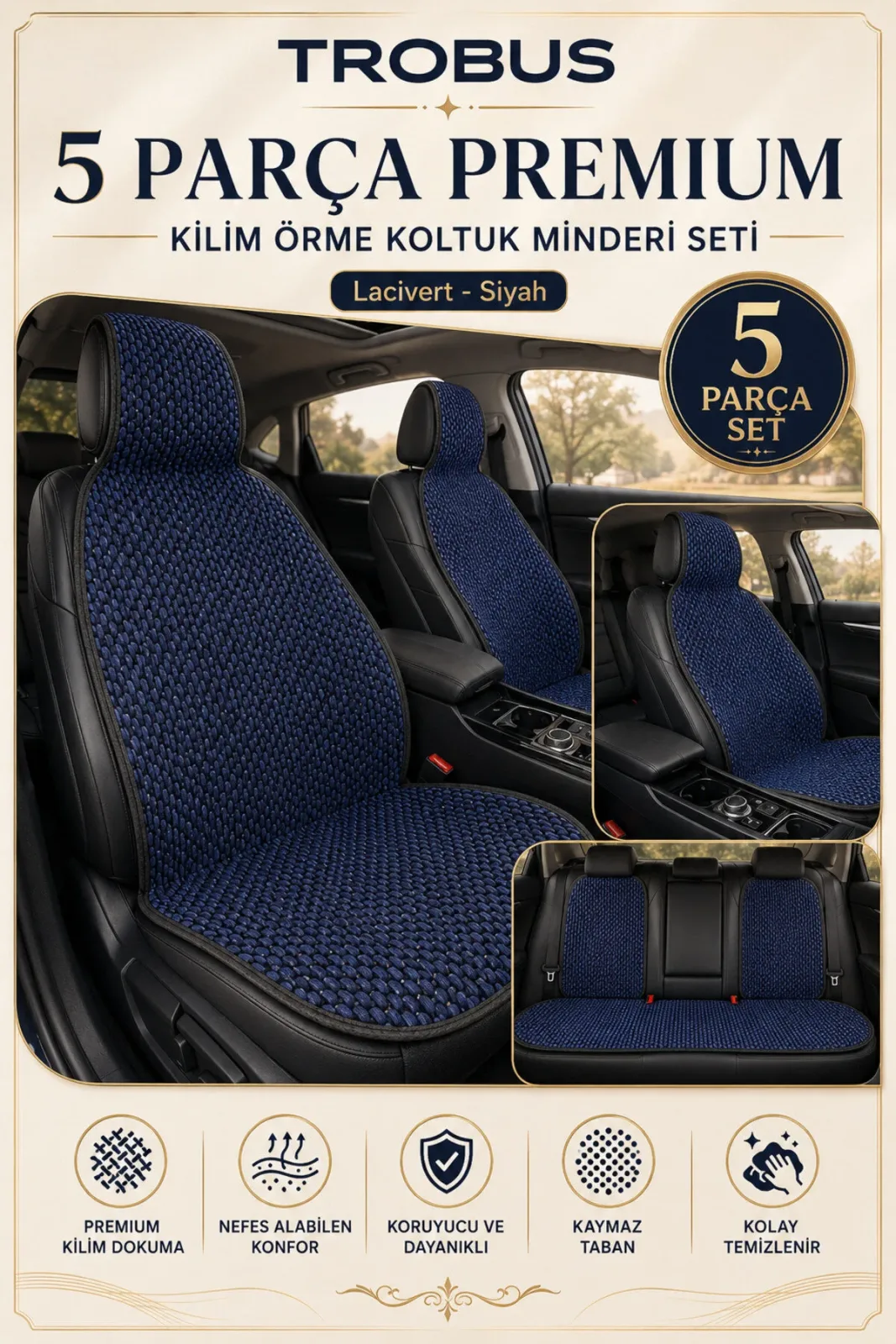 Fiat Egea Cross 2020 ve Sonrası Uyumlu Premium Örme 5 Parça Oto Koltuk Minderi Lacivert - Siyah