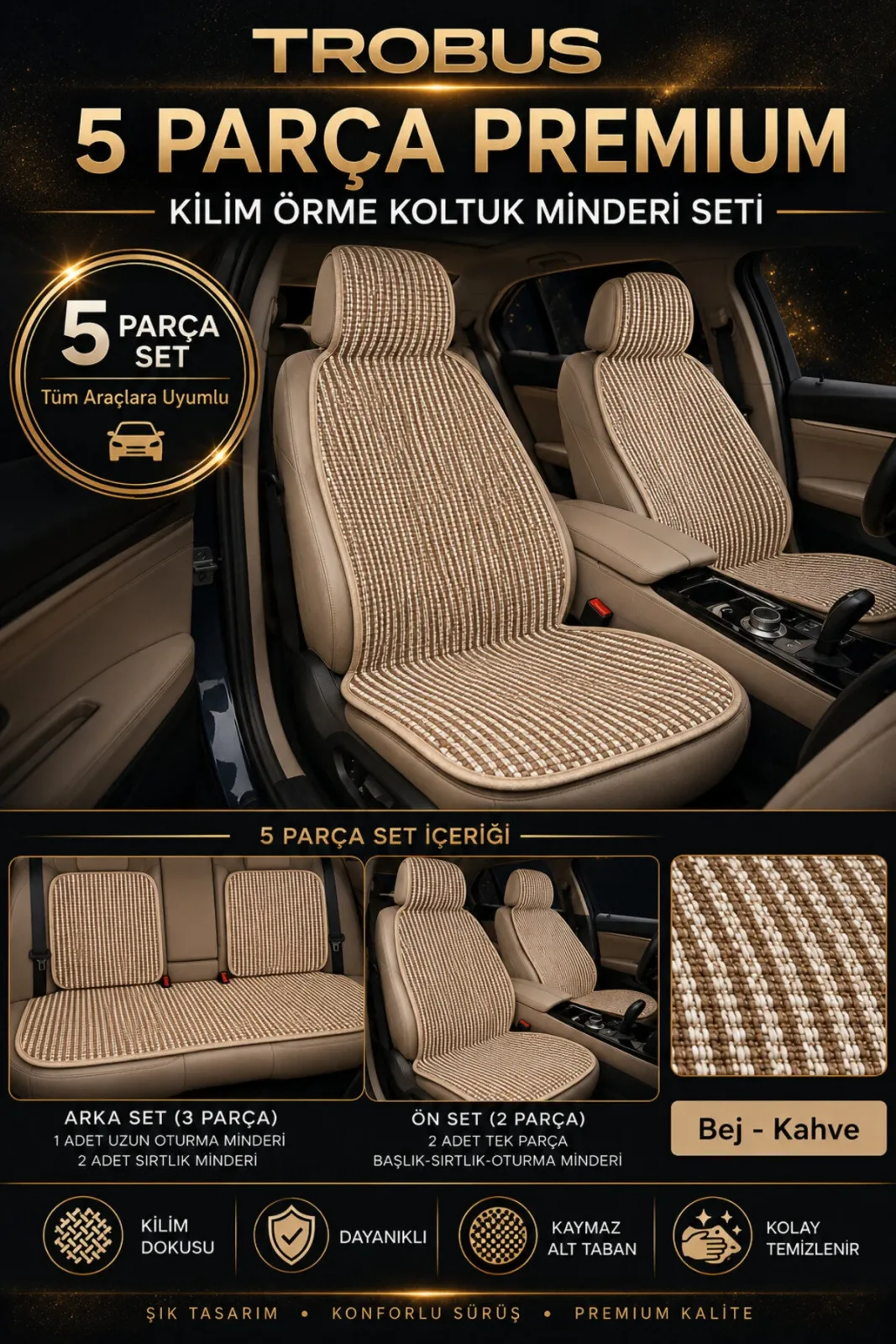 Fiat Egea Cross 2020 ve Sonrası Uyumlu Premium Örme 5 Parça Oto Koltuk Minderi Terletmez Siyah