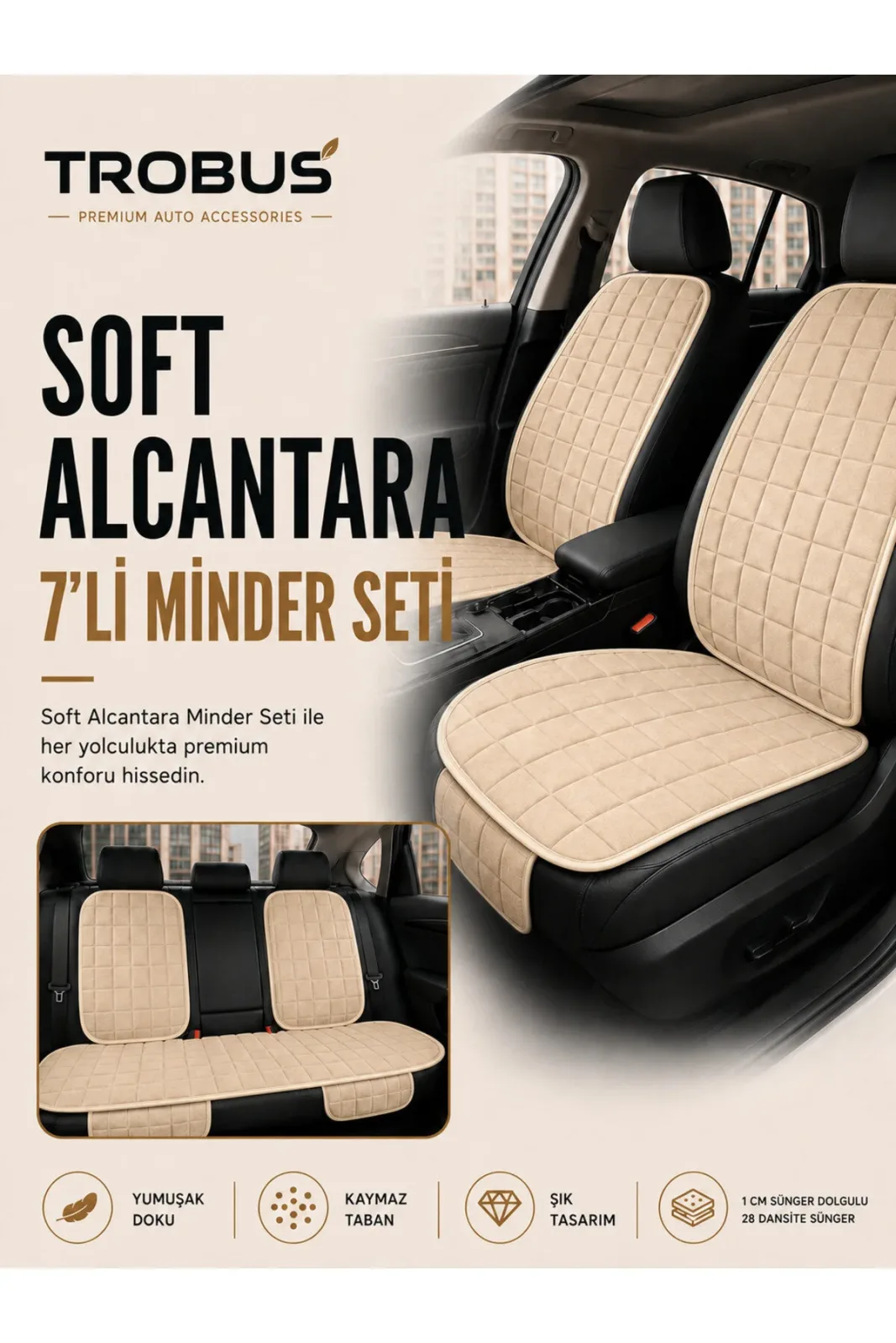 Fiat Egea Cross 2020 ve Sonrası Uyumlu Soft Alkantra 7 Parça Süet Oto Koltuk Minderi Terletmez Bej