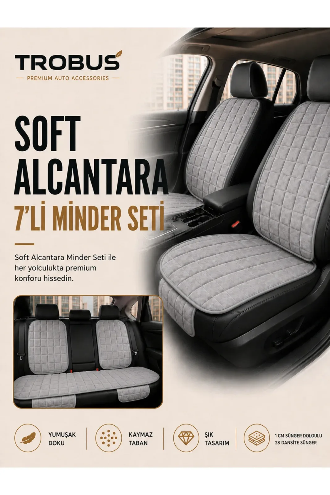 Fiat Egea Cross 2020 ve Sonrası Uyumlu Soft Alkantra 7 Parça Süet Oto Koltuk Minderi Terletmez Gri