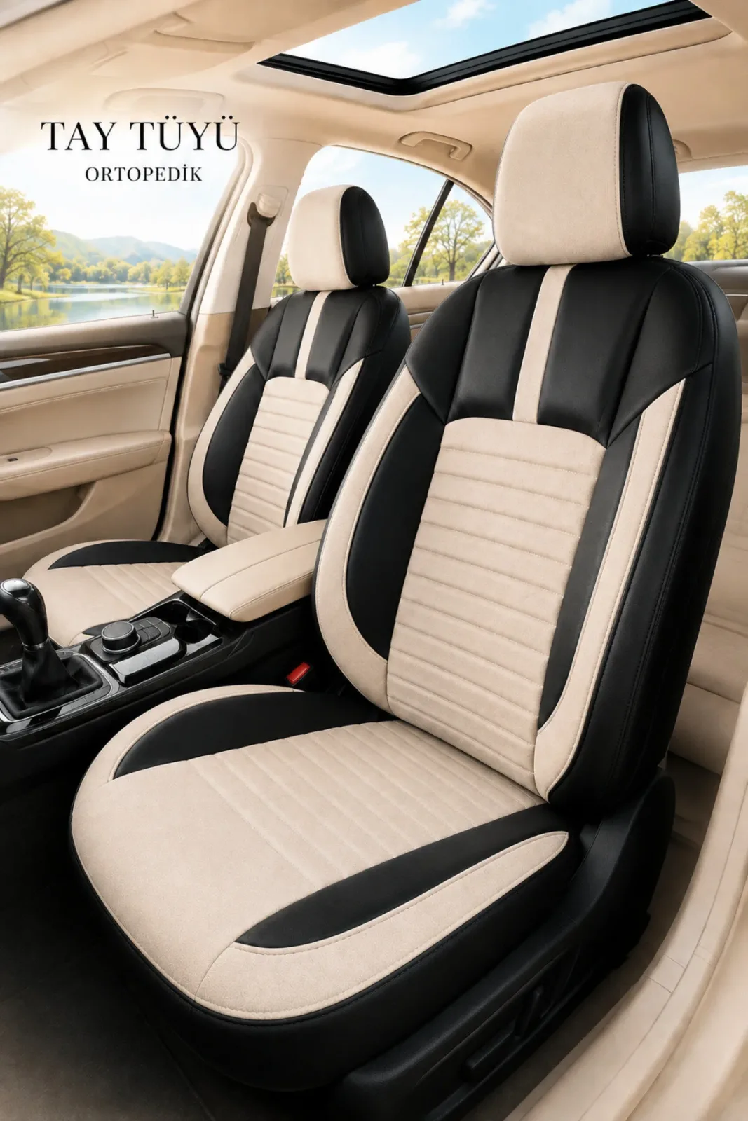 Fiat Linea 2007+ Uyumlu İnci Serisi Tay Tüyü Bej Siyah Premium Koltuk Kılıfı