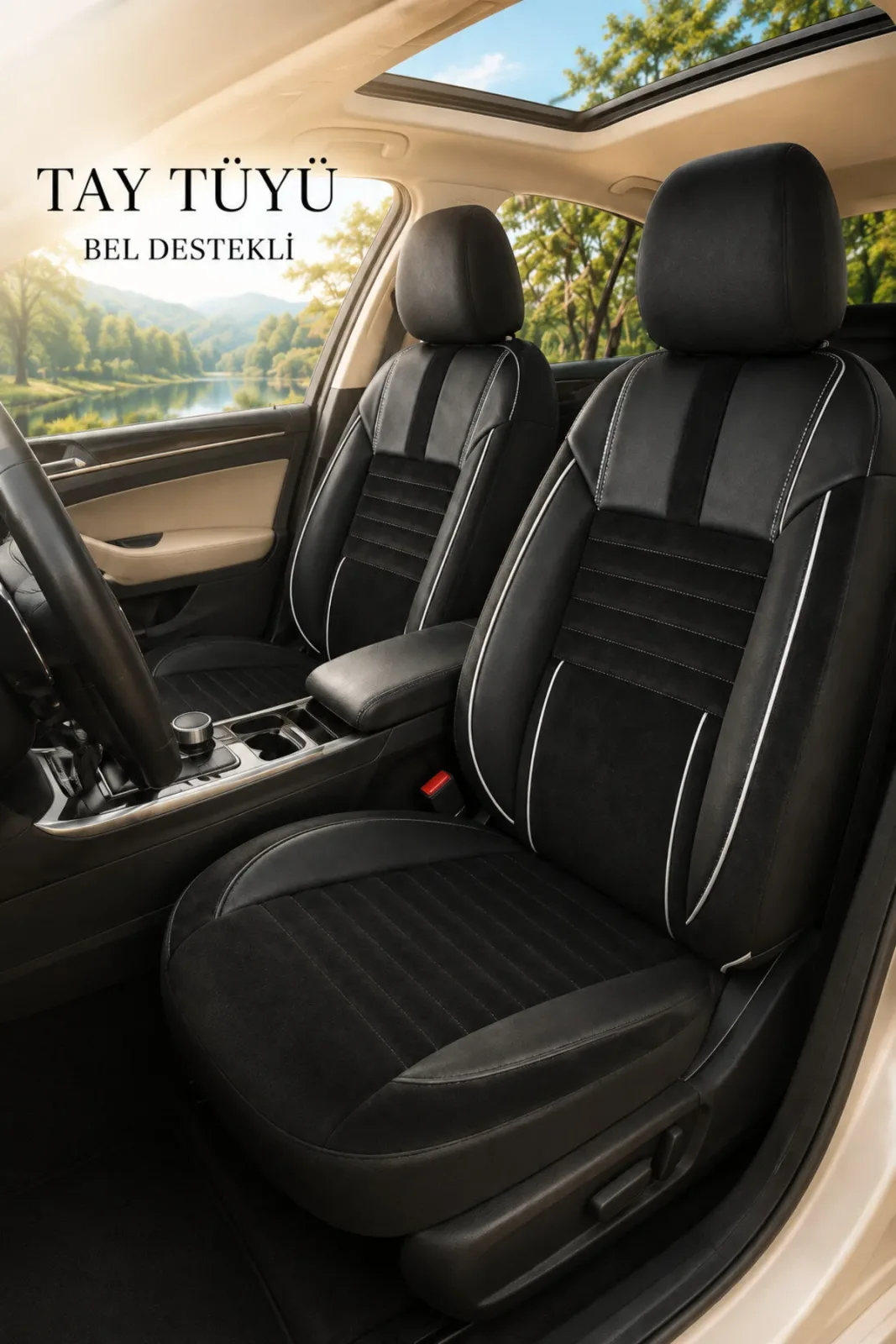 Ford Fiesta 2008+ Uyumlu Apex Serisi Tay Tüyü Bel Destekli Siyah Beyaz Koltuk Kılıfı