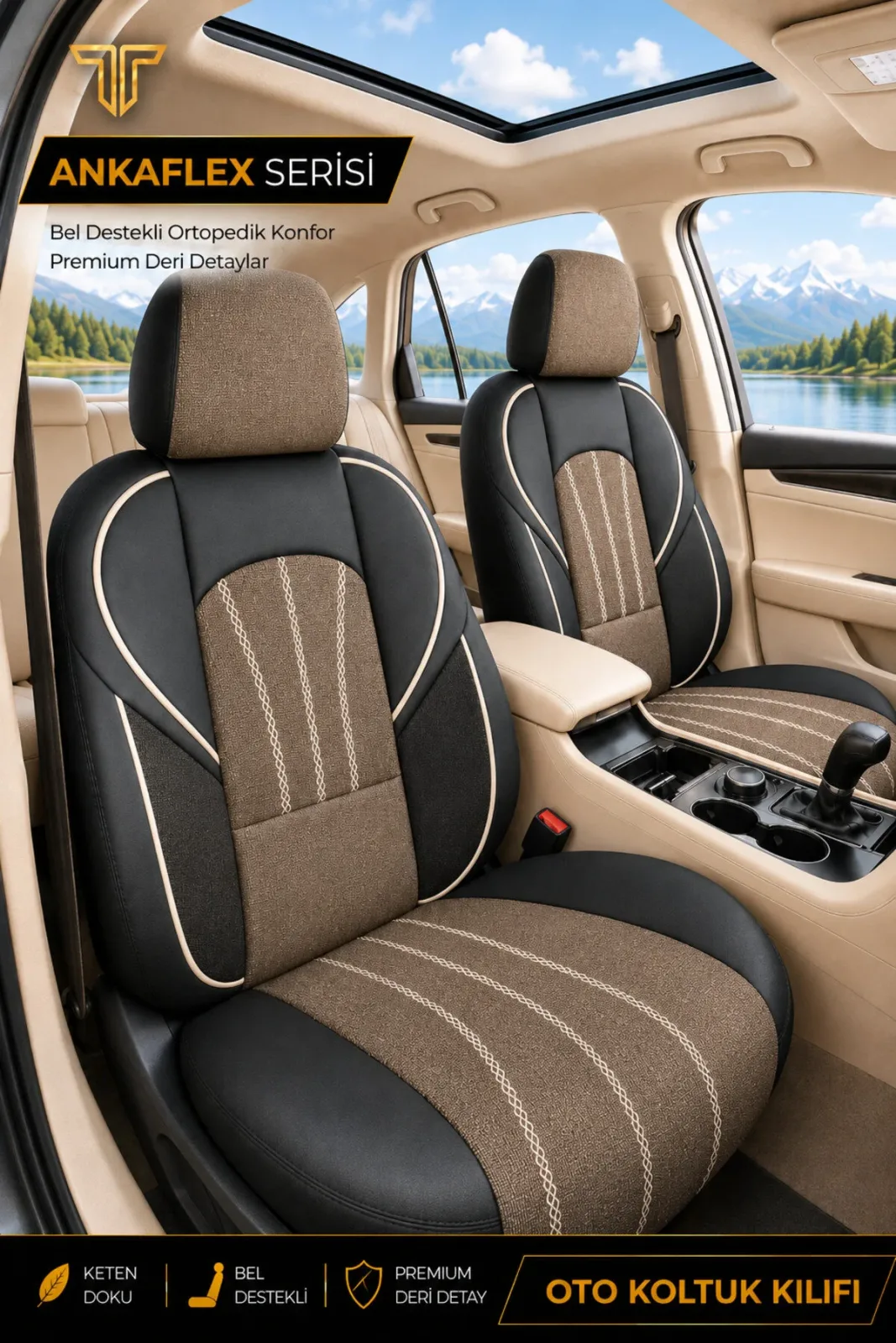 Ford Kuga 2008-2012 Uyumlu ANKAFLEX Bel Destekli Keten Deri Kahve Siyah Koltuk Kılıfı