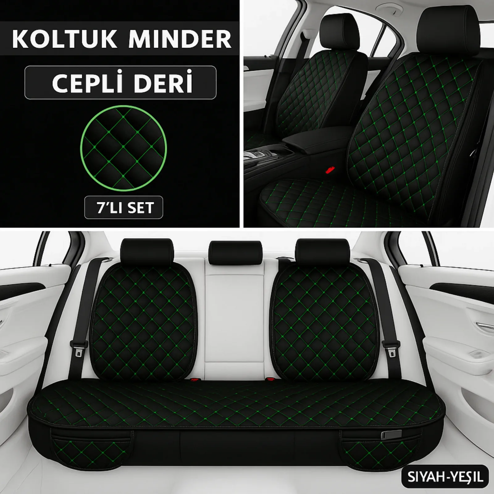 Geely Emgrand Ec7 2010–2016 Uyumlu 7 Parça Kapitone Araba Koltuk Minderi Deri Siyah Yeşil - Kaymaz | Trobus