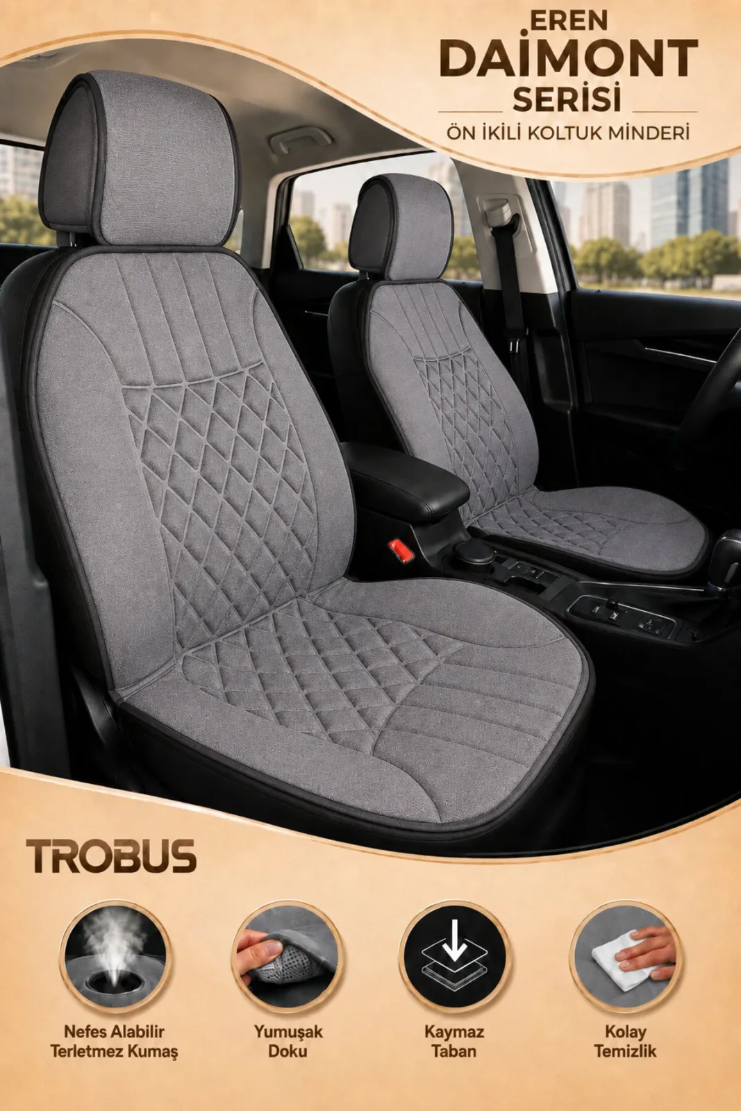 Hyundai i20 2008 ve Sonrası Uyumlu Eren Daimond 2 Parça Ön Oto Koltuk Minderi Terletmez Gri