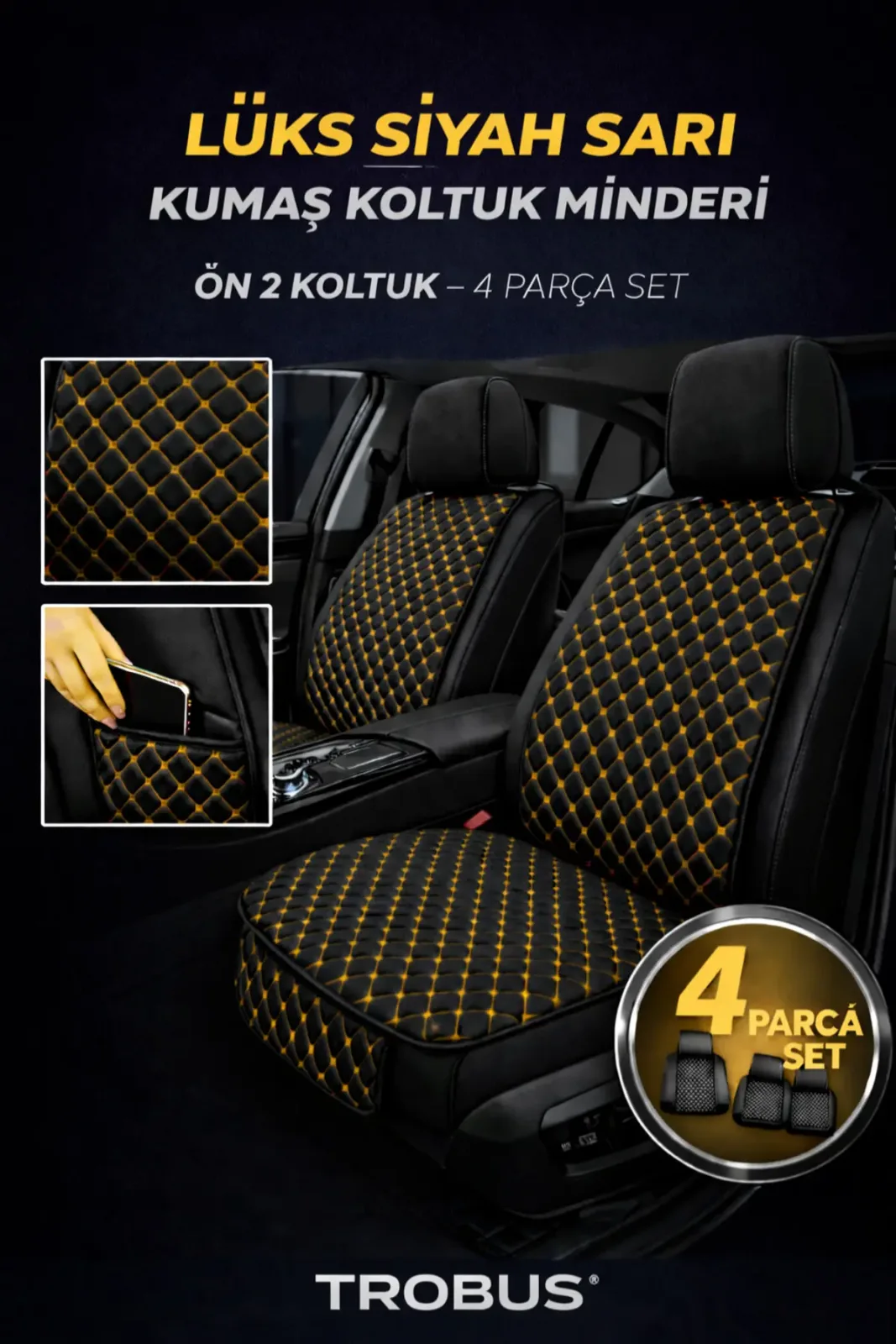 Kumaş Oto Koltuk Minderi Ergonomik Kapitone 2'li Siyah Sarı