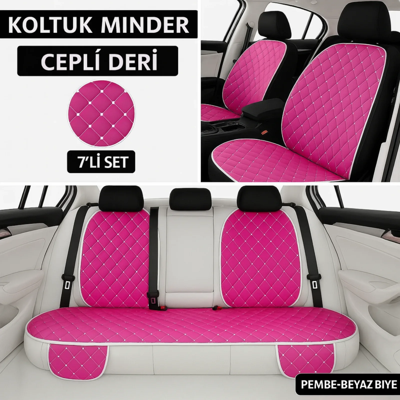 Mazda Astina 1989–1993 Uyumlu 7 Parça Kapitone Araba Koltuk Minderi Deri Pembe - Kaymaz | Trobus