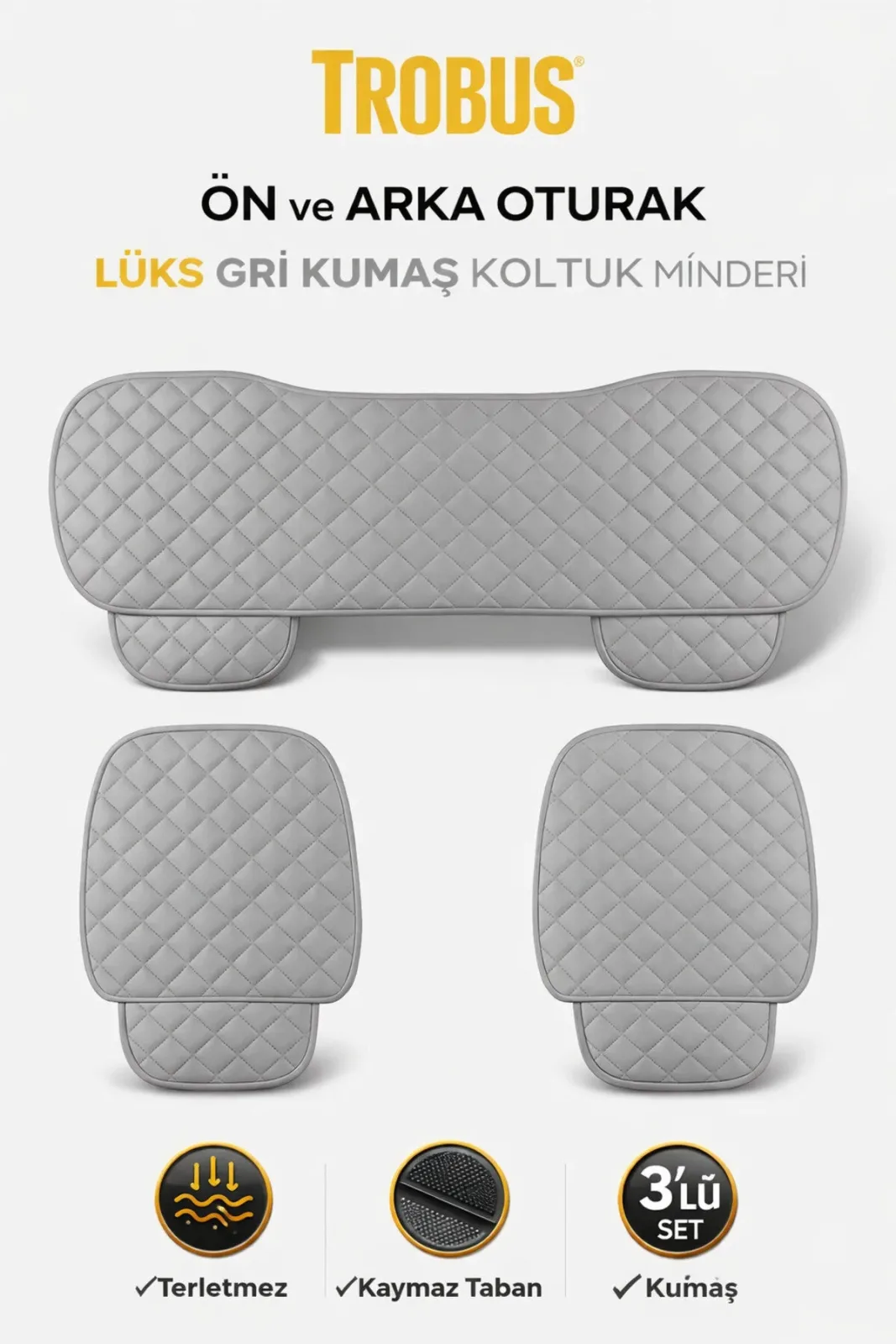 Mercedes C Uyumlu 3 Parça Kapitone Koltuk Oturak Minderi Gri