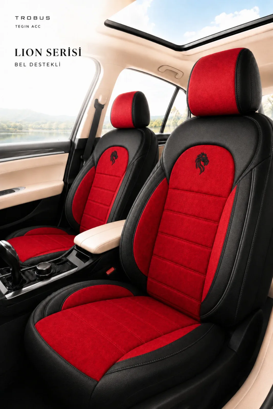 Mercedes C200d 2001-2005 Uyumlu Lion Serisi 2+1 Ticari Tay Tüyü Kırmızı Siyah Koltuk Kılıfı