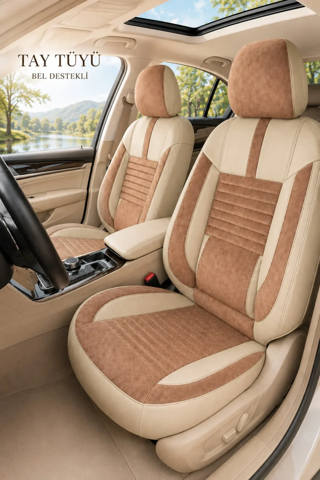 Nissan Qashqai 2007+ Uyumlu Apex Serisi Tay Tüyü Bel Destekli Bej Kahve Koltuk Kılıfı
