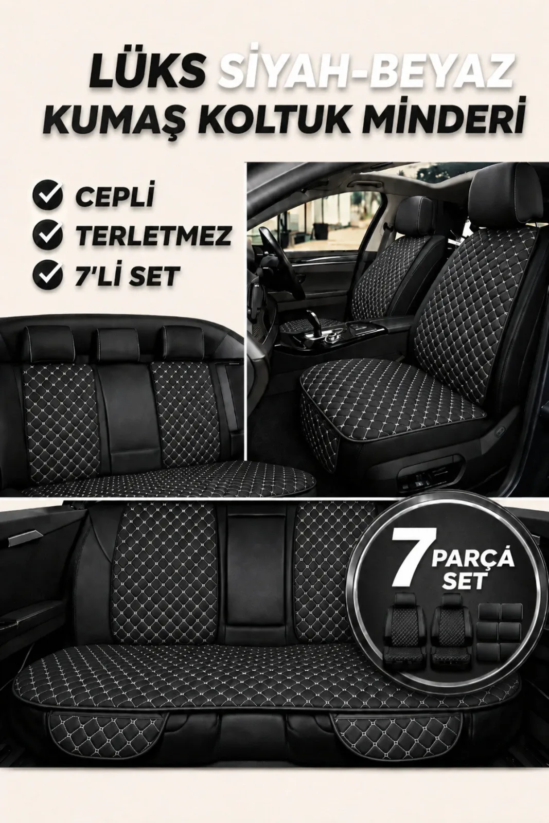 Opel Corsa 2007-2014 Uyumlu Kumaş Koltuk Minderi Kapitone Desen Terletmez Yedili Siyah Beyaz