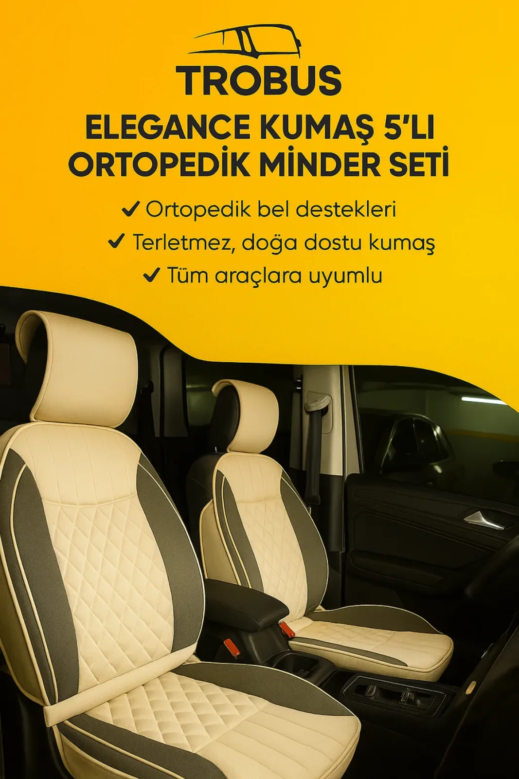 Peugeot Partner Tepee 2008 ve Sonrası Trobus Elegance Ortopedik Araç Koltuk Minderi 5'li Set, Hava Yastığı Uyumlu Bej Koyu Bej