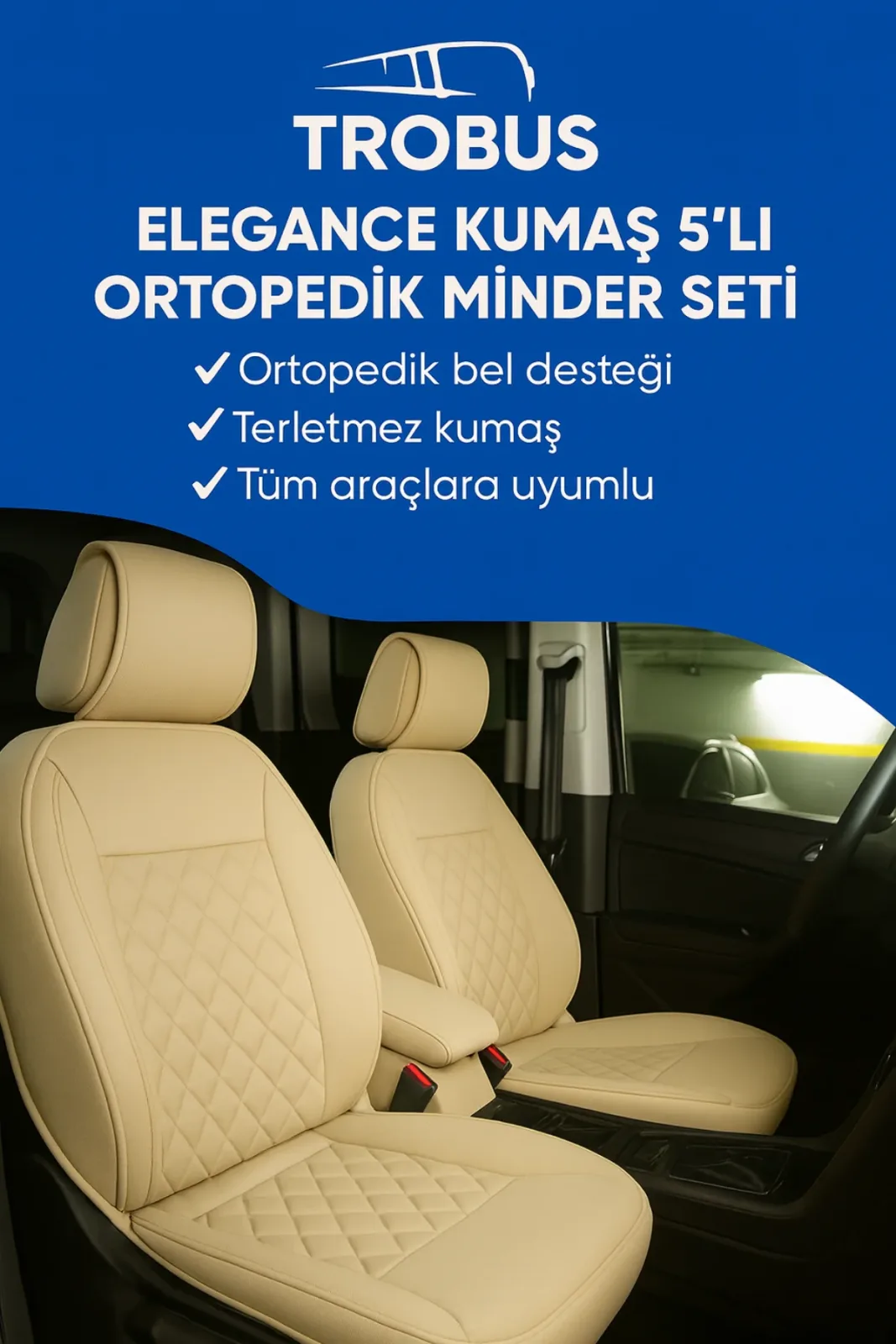 Peugeot Partner Tepee 2008 ve Sonrası Trobus Elegance Ortopedik Araç Koltuk Minderi 5'li Set, Hava Yastığı Uyumlu Bej