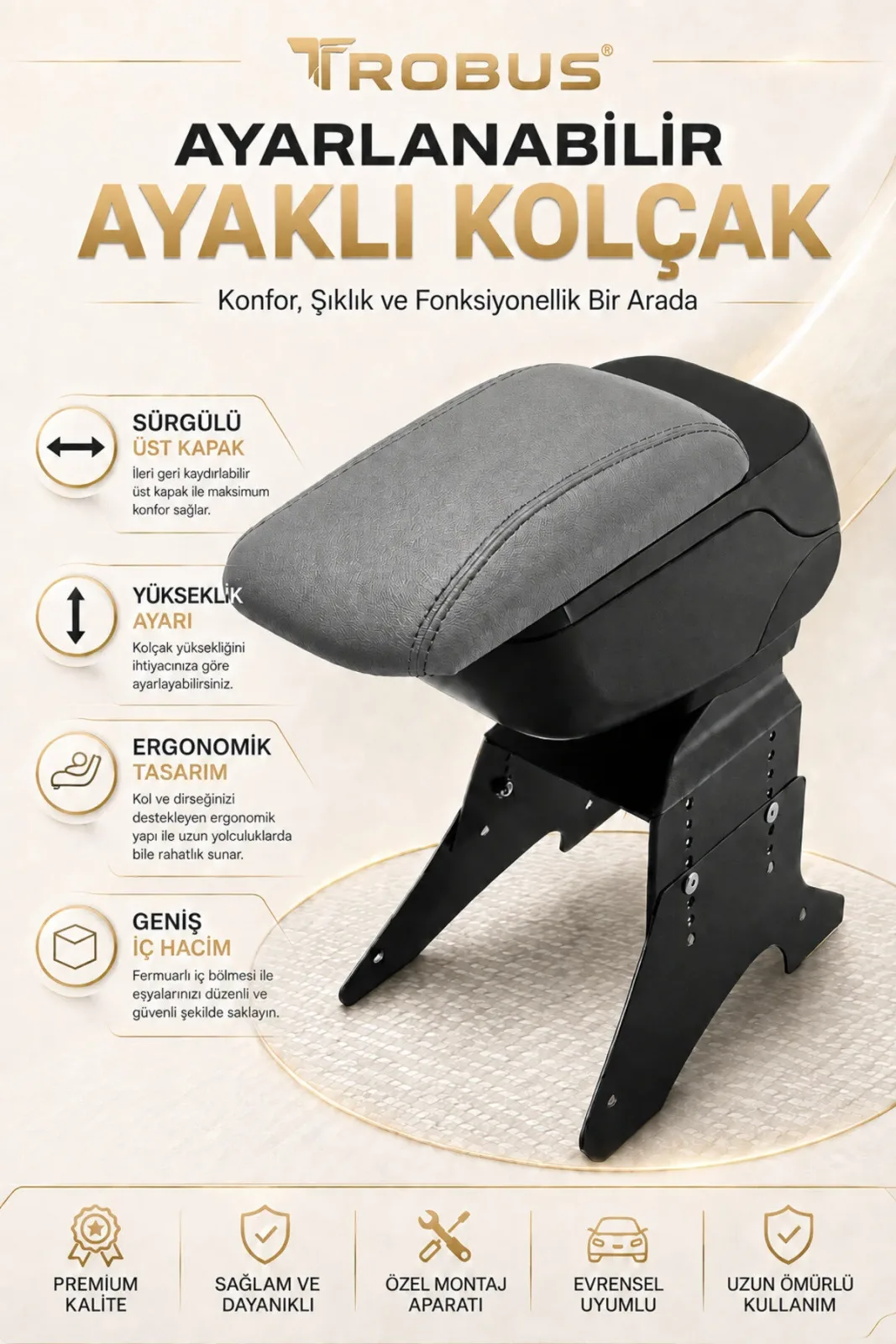 Proton Saga 2008-2013 Uyumlu Gri Ayaklı Sürgülü Kolçak Ayarlanabilir Yükseklikli