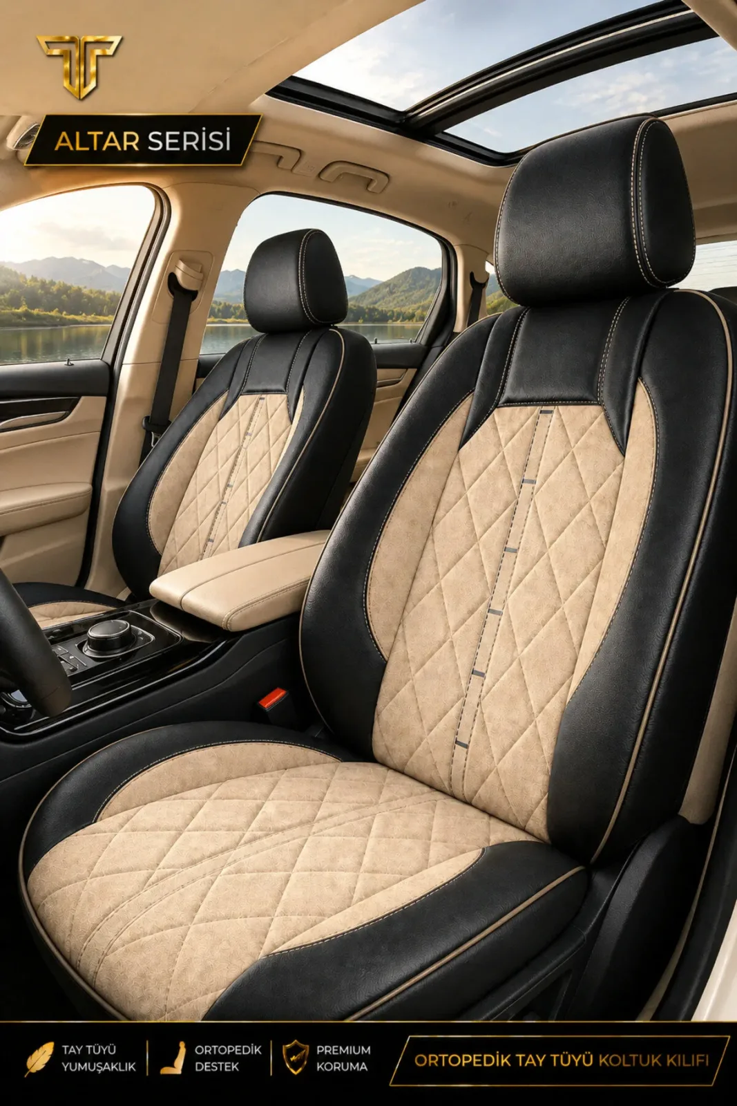 Renault Clio 5 2019+ Uyumlu Altar Serisi Tay Tüyü Bej Siyah Premium Koltuk Kılıfı