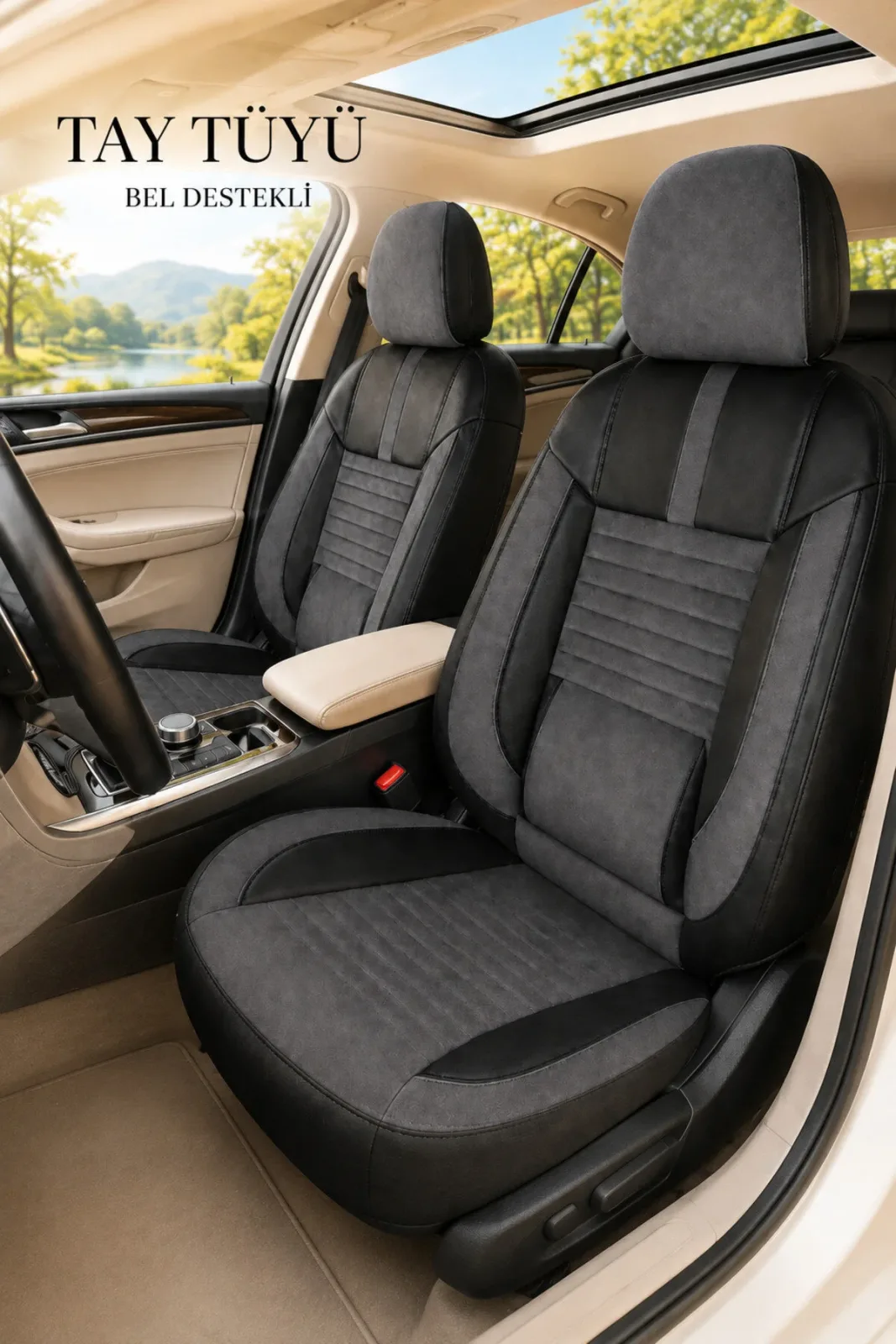 Renault Laguna 2001-2015 Uyumlu Apex Serisi Tay Tüyü Bel Destekli Füme Siyah Koltuk Kılıfı