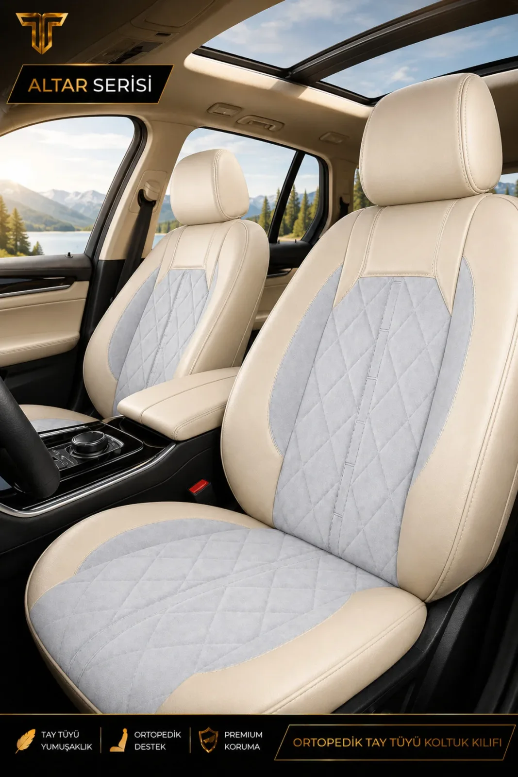 Renault Mégane HB 2002+ Uyumlu Altar Serisi Tay Tüyü Bej Siyah Premium Koltuk Kılıfı