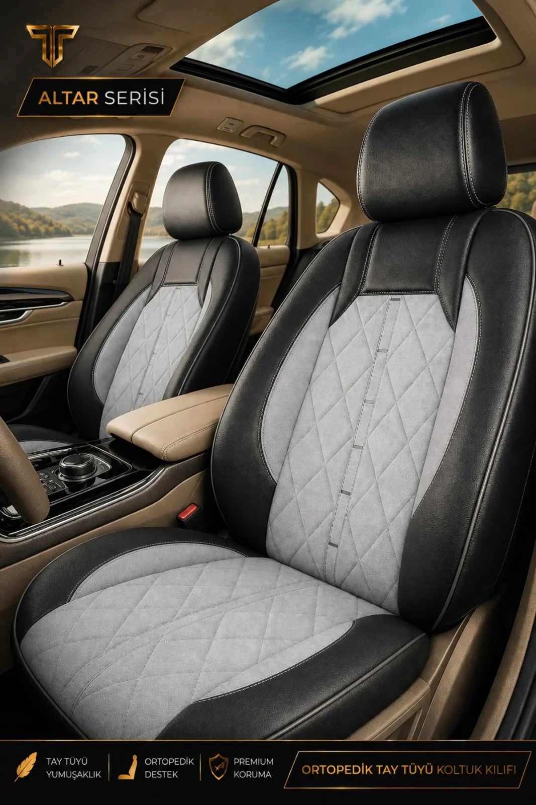 Renault Mégane HB 2002+ Uyumlu Altar Serisi Tay Tüyü Gri Siyah Premium Koltuk Kılıfı