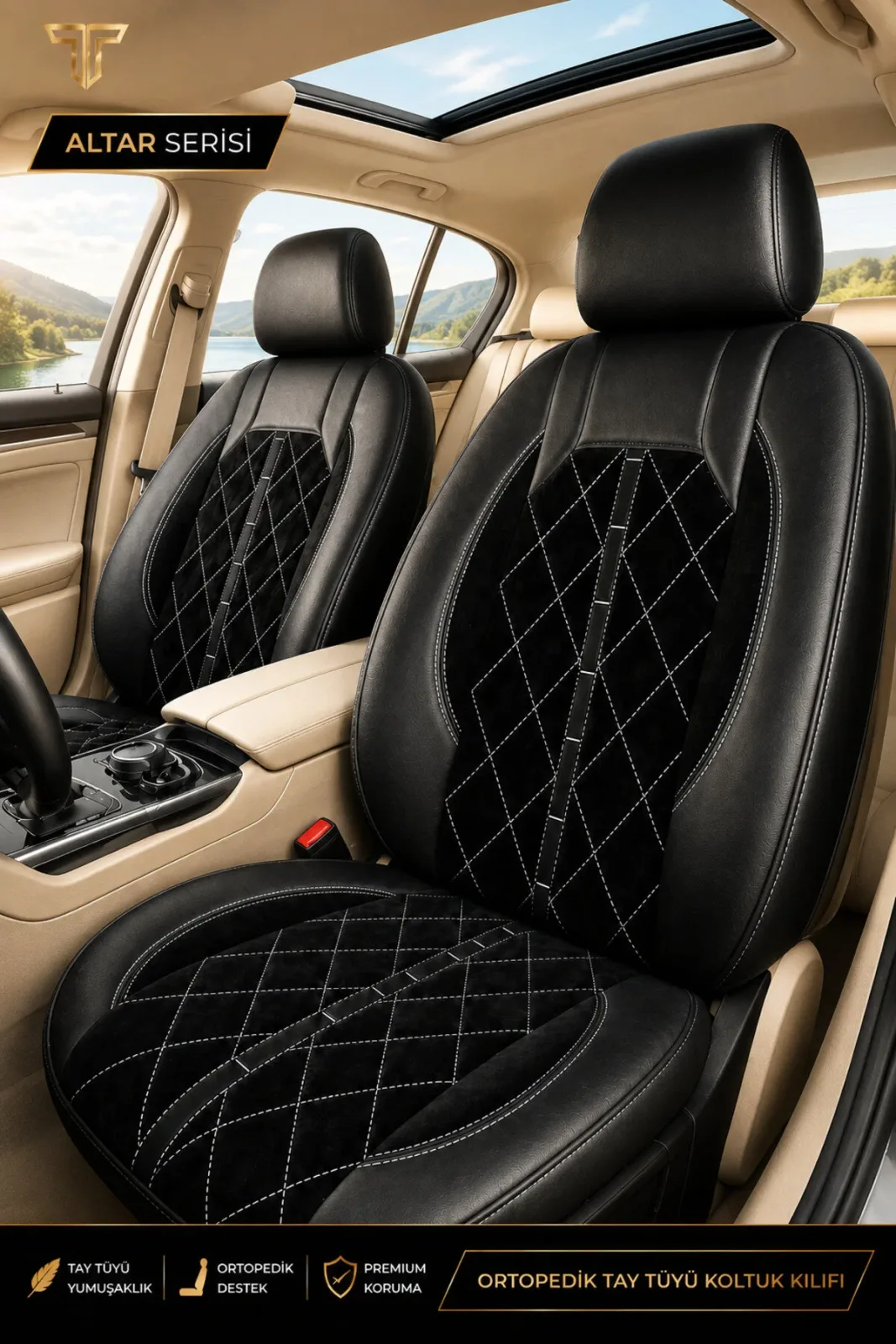 Renault Megane E-Tech 2022+ Uyumlu Altar Serisi Tay Tüyü Siyah Beyaz Premium Koltuk Kılıfı