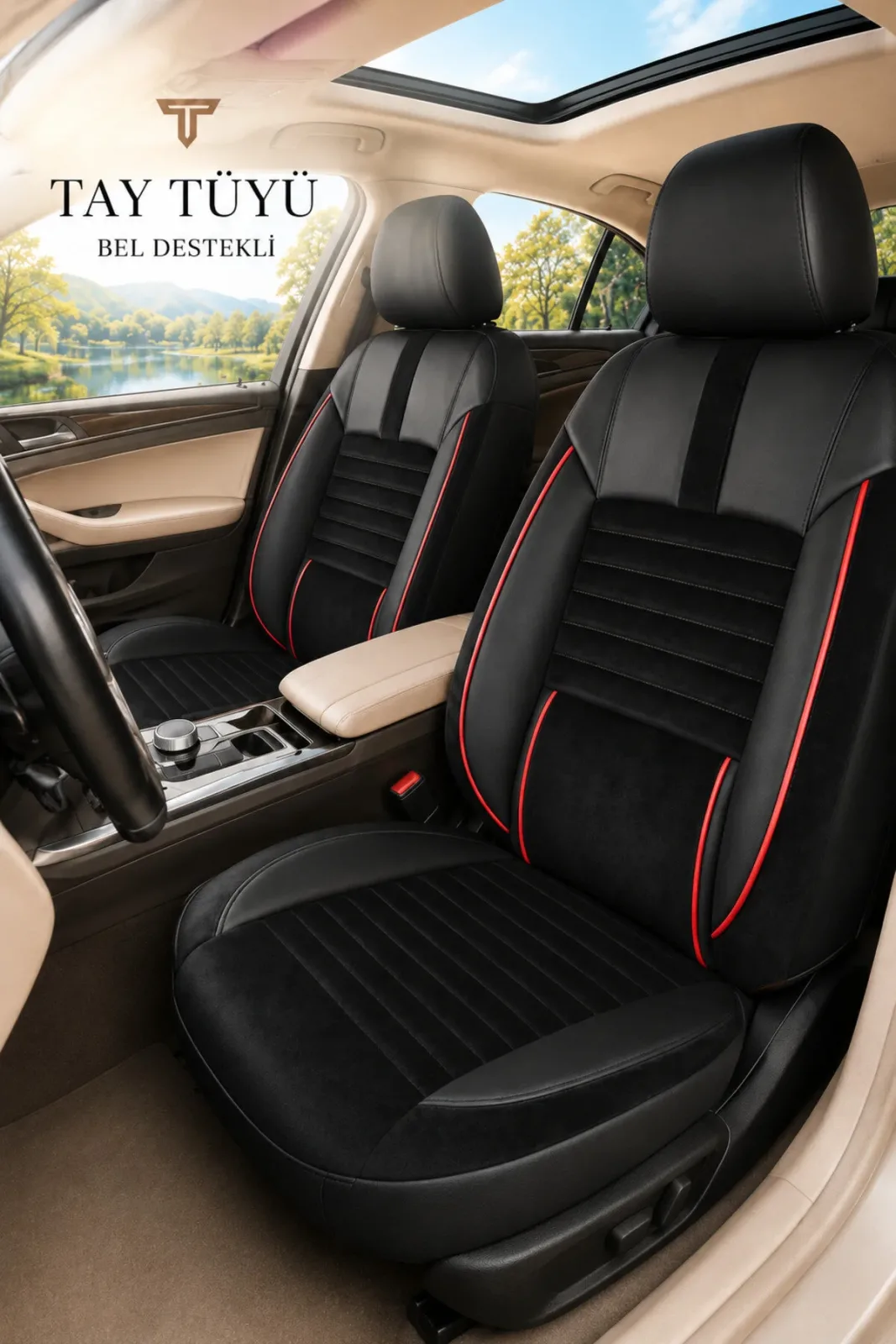 Seat Leon 2005+ Uyumlu Apex Serisi Tay Tüyü Bel Destekli Siyah Kırmızı Koltuk Kılıfı