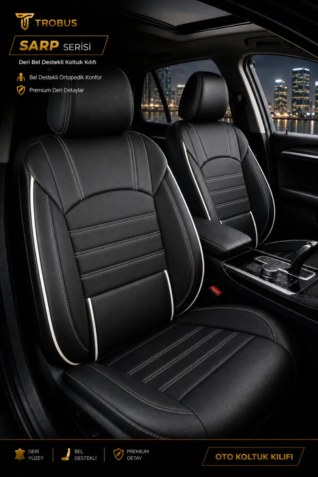 Skoda Rapid 2012 ve Sonrası Sarp Serisi Oto Koltuk Kılıfı 5’li Set – Airbag & Kolçak Uyumlu, 3 Katman, Deri+Lakost Siyah Beyaz