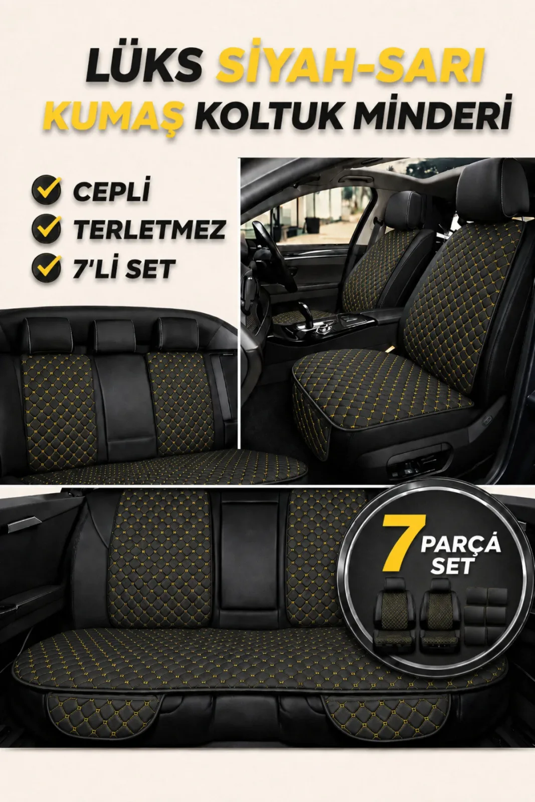 Skoda Superb 2008–2024 Uyumlu Kumaş Koltuk Minderi Kapitone Desen Terletmez Yedili Siyah Beyaz