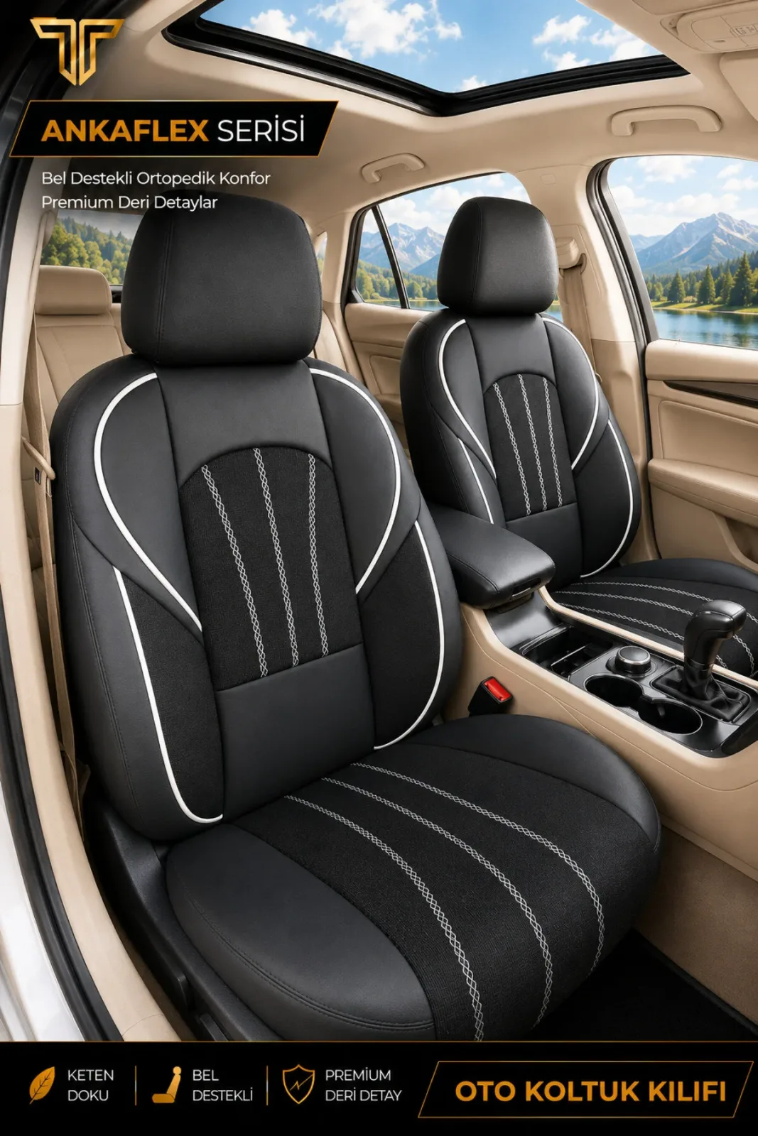 Skoda Superb 2008+ Uyumlu ANKAFLEX Bel Destekli Keten Deri Siyah Beyaz Koltuk Kılıfı