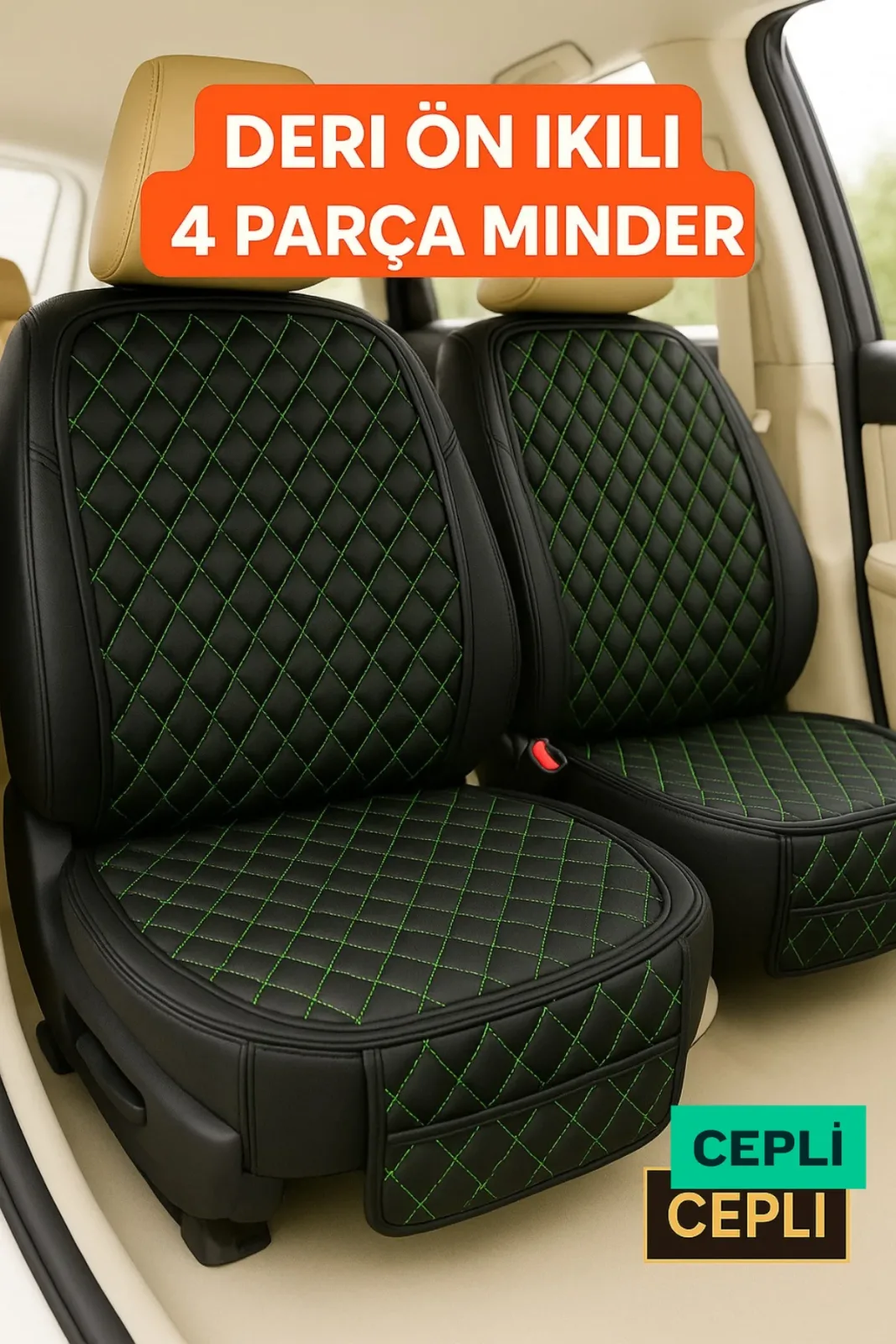 Smart Forfour W453 2015 ve Sonrası Uyumlu Suni Deri Oto Koltuk Minderi Silinebilir Leke Tutmaz Kapitone 2'li Siyah Yeşil