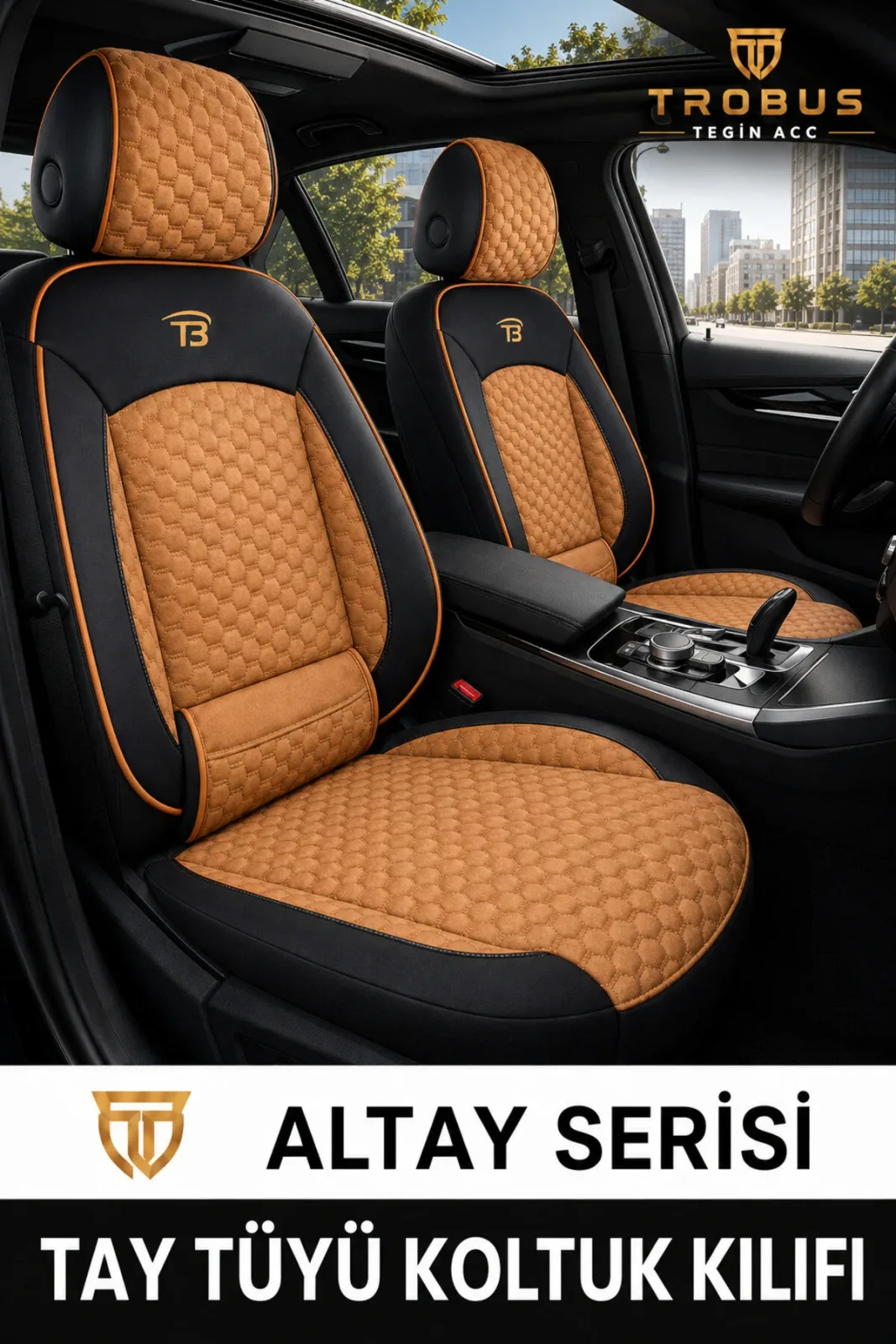 Tegin Üniversal Binek Uyumlu Altay Serisi Bel Destekli Koltuk Kılıfı (Ön+Arka) - Taba Siyah