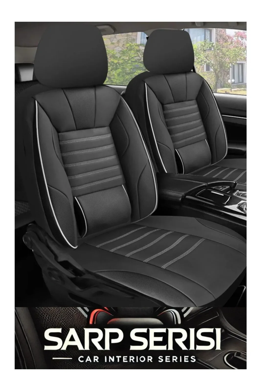 Tegin Üniversal Sarp Serisi Oto Koltuk Kılıfı 5’li Set – Airbag & Kolçak Uyumlu, 3 Katman, Deri+Lakost Siyah Beyaz