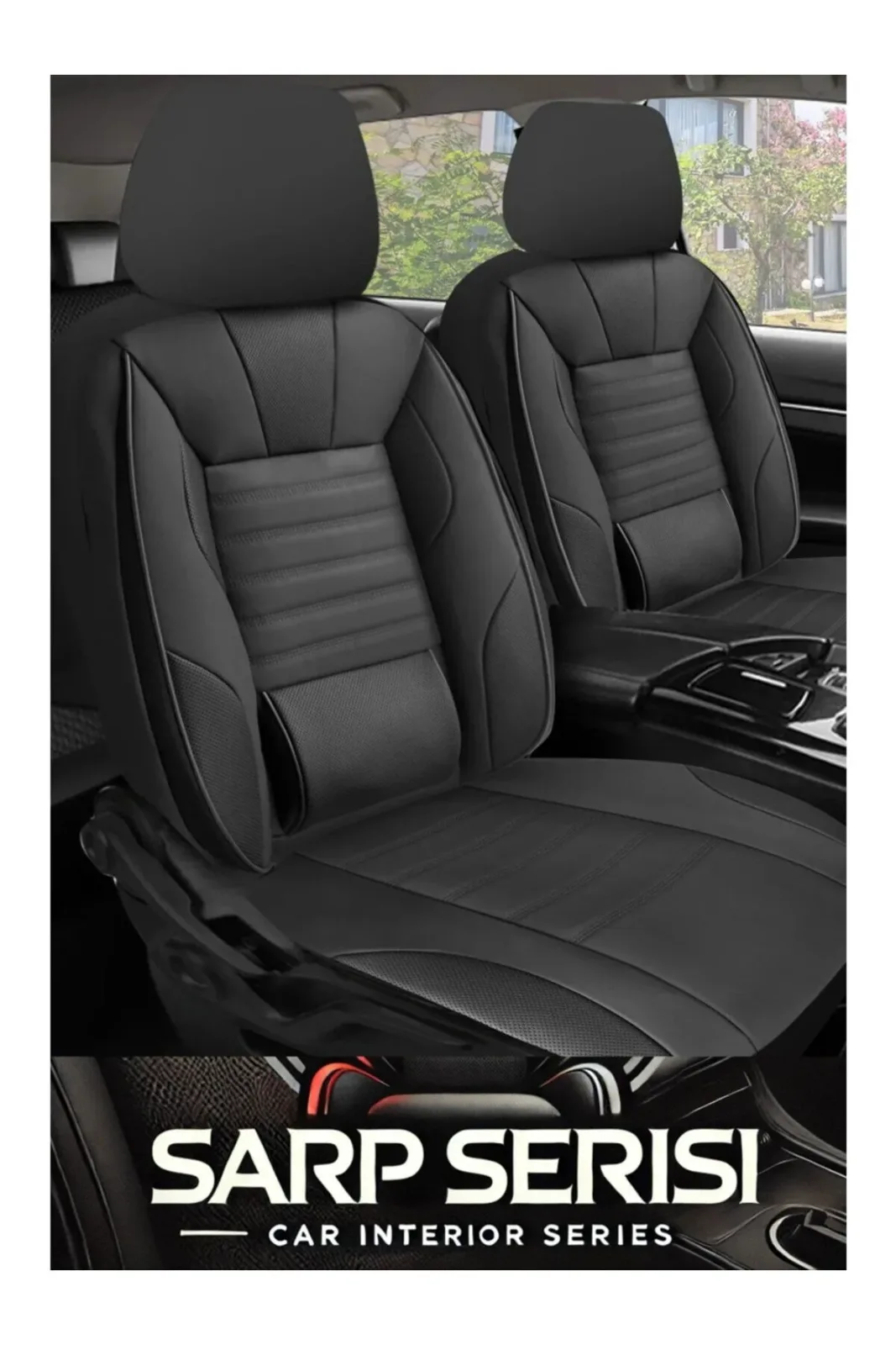 Tegin Üniversal Sarp Serisi Oto Koltuk Kılıfı 5’li Set – Airbag & Kolçak Uyumlu, 3 Katman, Deri+Lakost Siyah