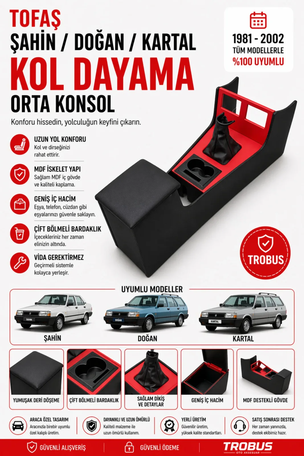 Tofaş Doğan SL SLX 1.6 ie 1981-2002 Tam Boy Orta Konsol Kol Dayama Bardaklıklı Deri Siyah Kırmızı
