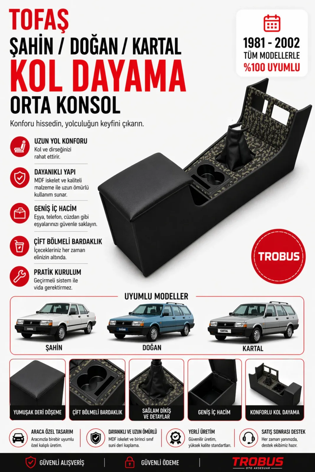 Tofaş Doğan SLX 1.6 ie Tam Boy Orta Konsol Kol Dayama Bardaklıklı Deri Döşeme Siyah Kamuflaj