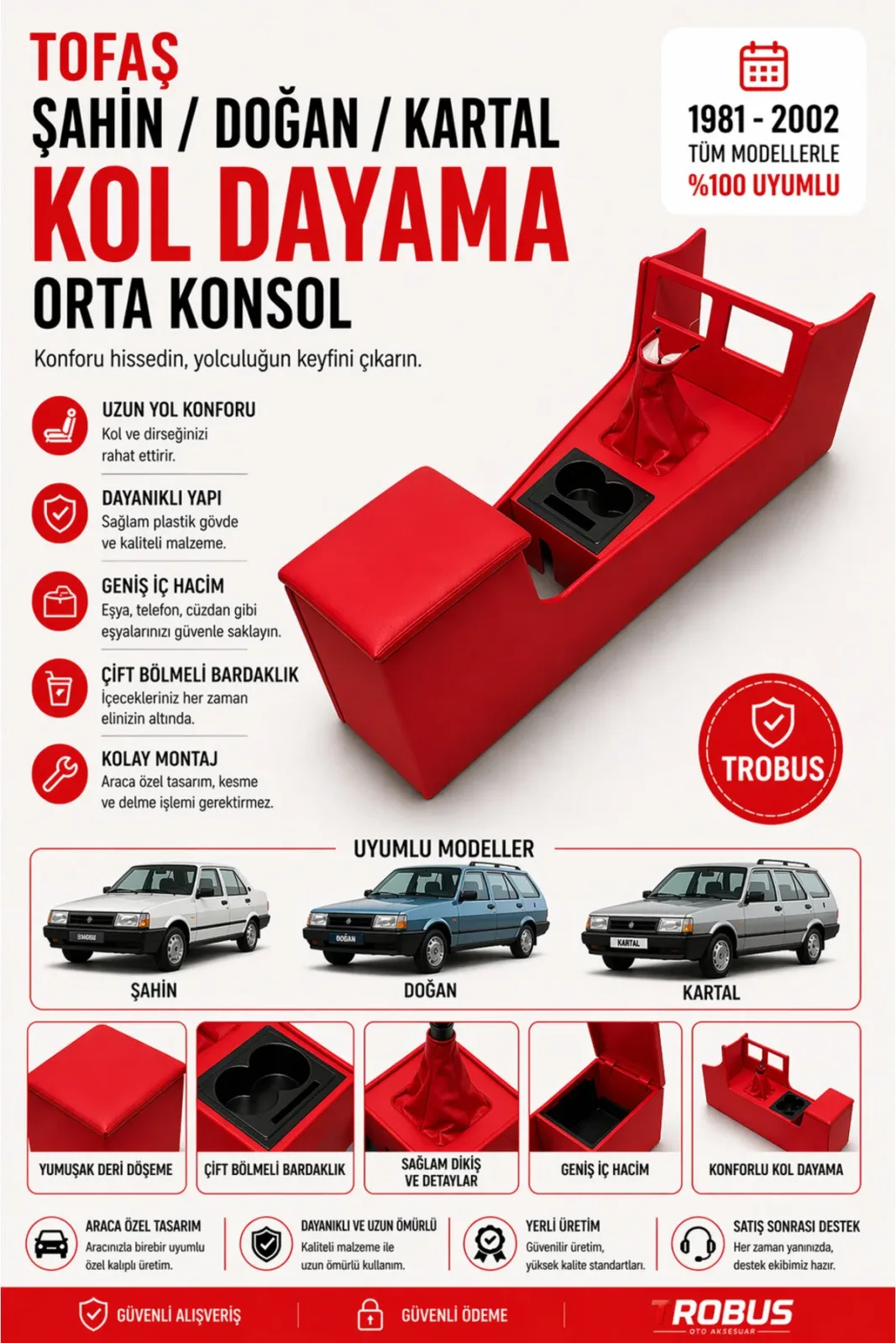 Tofaş Kartal 1981-2002 Tam Boy Orta Konsol Kol Dayama Bardaklıklı Deri Döşeme Kırmızı