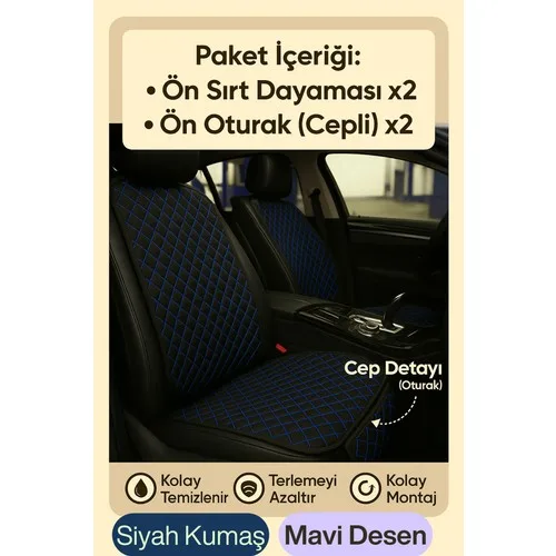 Toyota Corolla 2000-2007 Hatchback Uyumlu Kumaş Oto Koltuk Minderi Ergonomik Kapitone 2'li Siyah Mavi